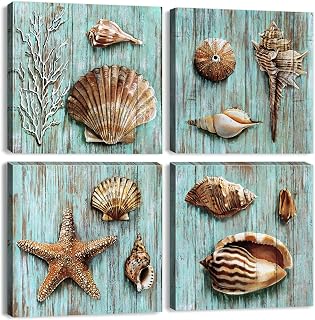 YOOOAHU Seashell Wall Art Vintage Coastal Wall Decor Nautical Bathroom Decor Rustic Beach Theme Pictures Teal Blue Ocean Starfish Canvas Paintings Posters Beachy Artwork Home Decorations 12x12 4 Pcs