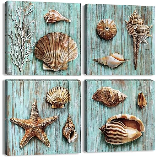 YOOOAHU Seashell Wall Art Vintage Coastal Wall Decor Nautical Bathroom Decor Rustic Beach Theme Pictures Teal Blue Ocean Starfish Canvas Paintings Posters Beachy Artwork Home Decorations 12x12 4 Pcs