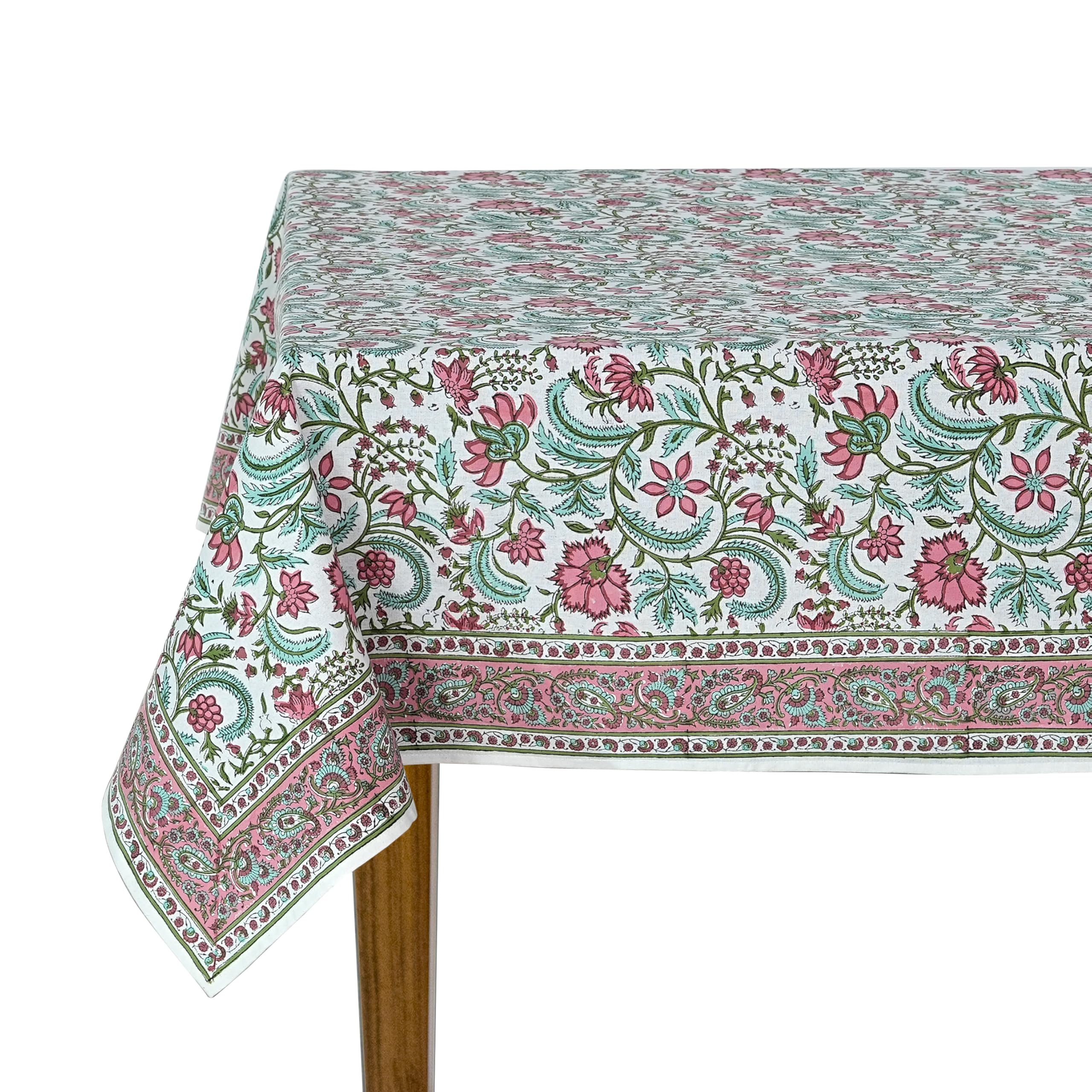 Ridhi Tulip Pink Hand Block Print Cotton Rectangle Tablecloth 160" x 72" inches Reusable Table Cover Decorative Everyday Use for Dining Room,