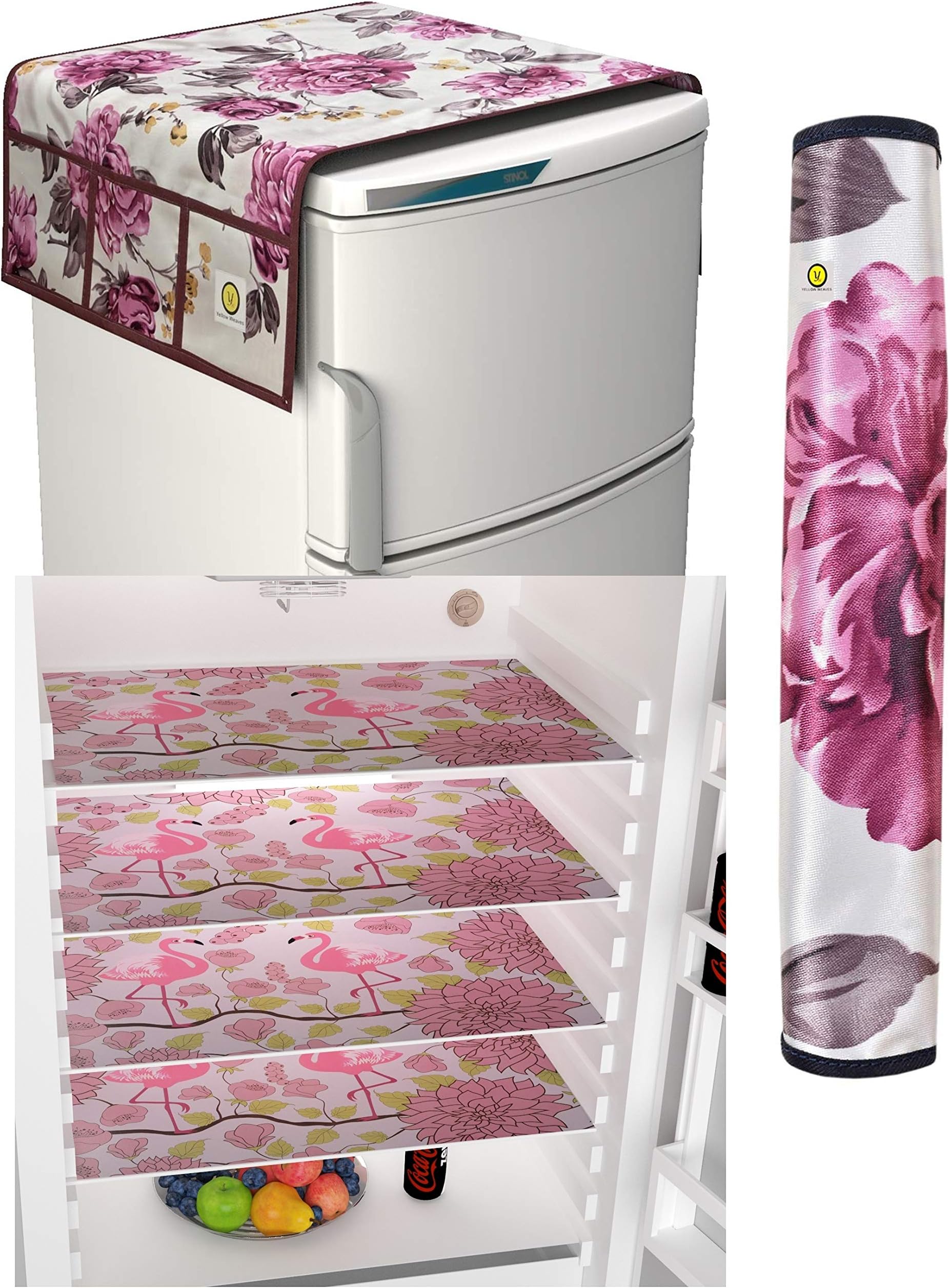 Yellow Weaves Combo of Fridge Top Cover,1 Handle Covers + 4 Fridge Mats (Multi Color, 6 Piece set)