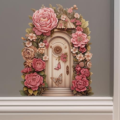 Peony Flower Garden House - Adhesivo de pared para puerta de hadas
