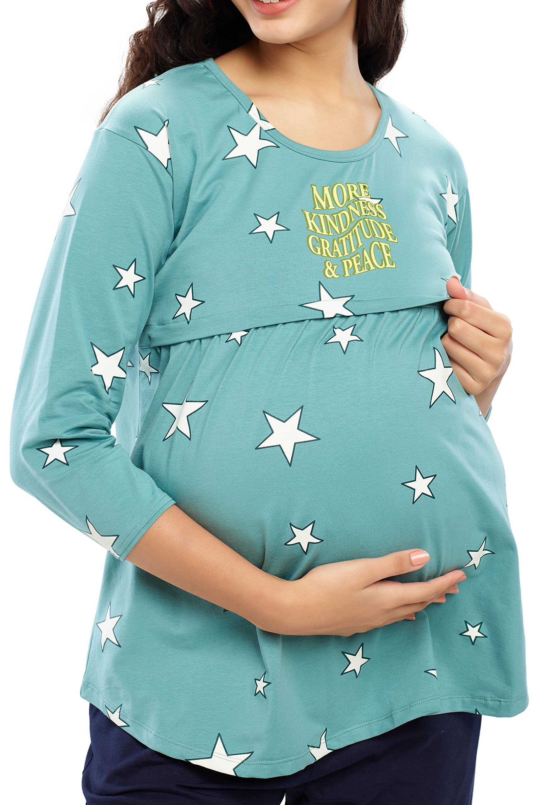 ZEYO Women's Cotton Star Printed Sea Green Maternity & Feeding Top 5645