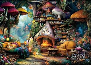 Blueforest 1000 Piece Jigsaw Puzzles for Adults & Seniors - Fantasy Forest Mushroom House with Cat Puzzle, 27.5"x19.7" Adult Puzzle with Letters on Back, Home Decor Gift