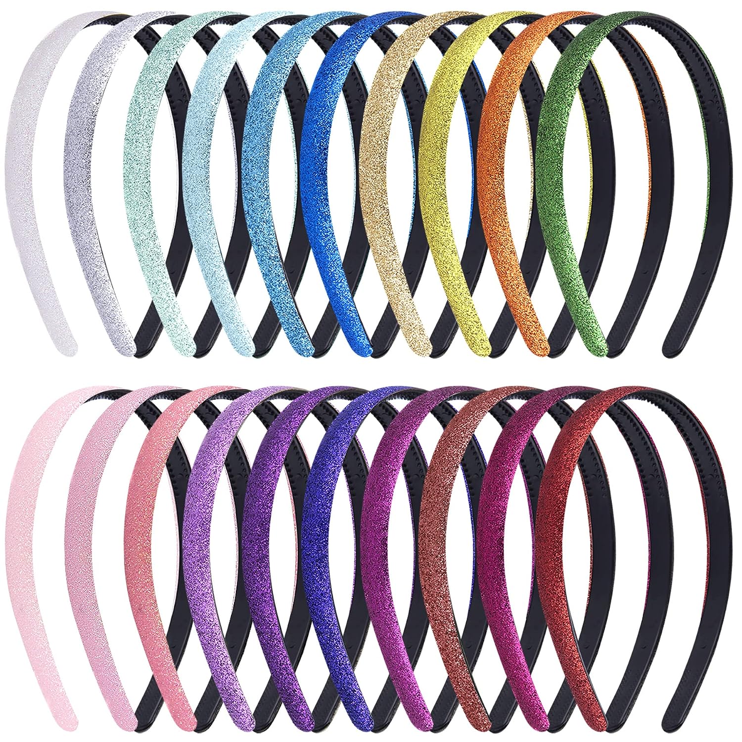 Duufin 20 Pieces Glitter Headbands for Girls Sparkle Headbands Colorful Plastic Headbands Glitter Hair Headband, 20 Colors