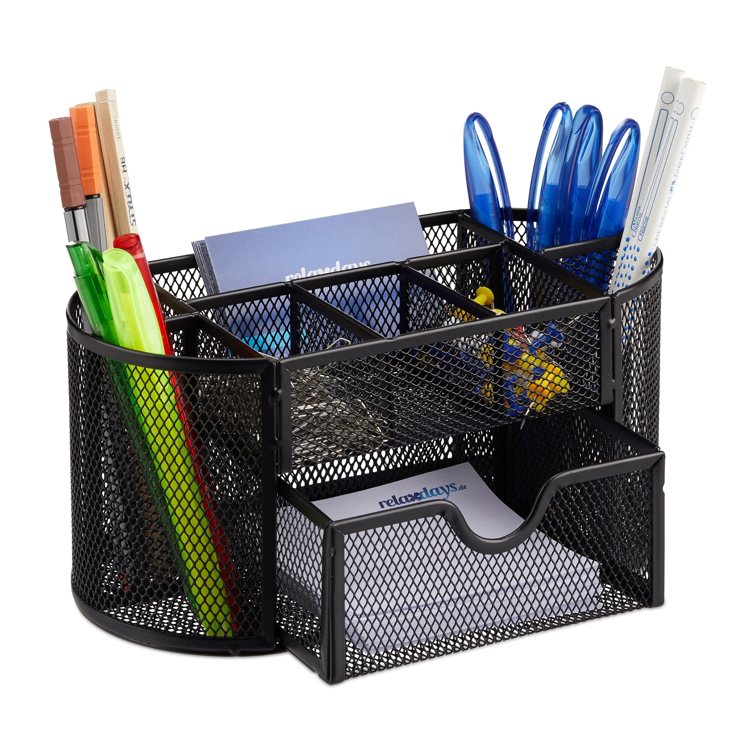 Relaxdays Organizador de Escritorio Grande con 9 Compartimentos, Metal, Negro, 10.5 x 22 x 11 cm