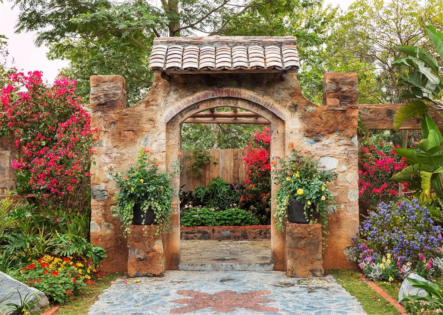 CORFOTO Fabric 10x6.5ft Beautiful Garden Backdrop Old Yard Flowers and Trees Photo Background Vintage Buildings for Restaurant Kids Summer Holiday Wedding Photo Portrait Photo Booth Studio Props