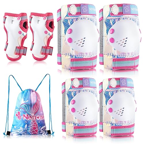 Miniatura 1 de NEMONE Rodilleras de sirena para niños, rodilleras, coderas, muñequeras con bolsa de cordón, juego de equipo de protección ajustable para niñas,