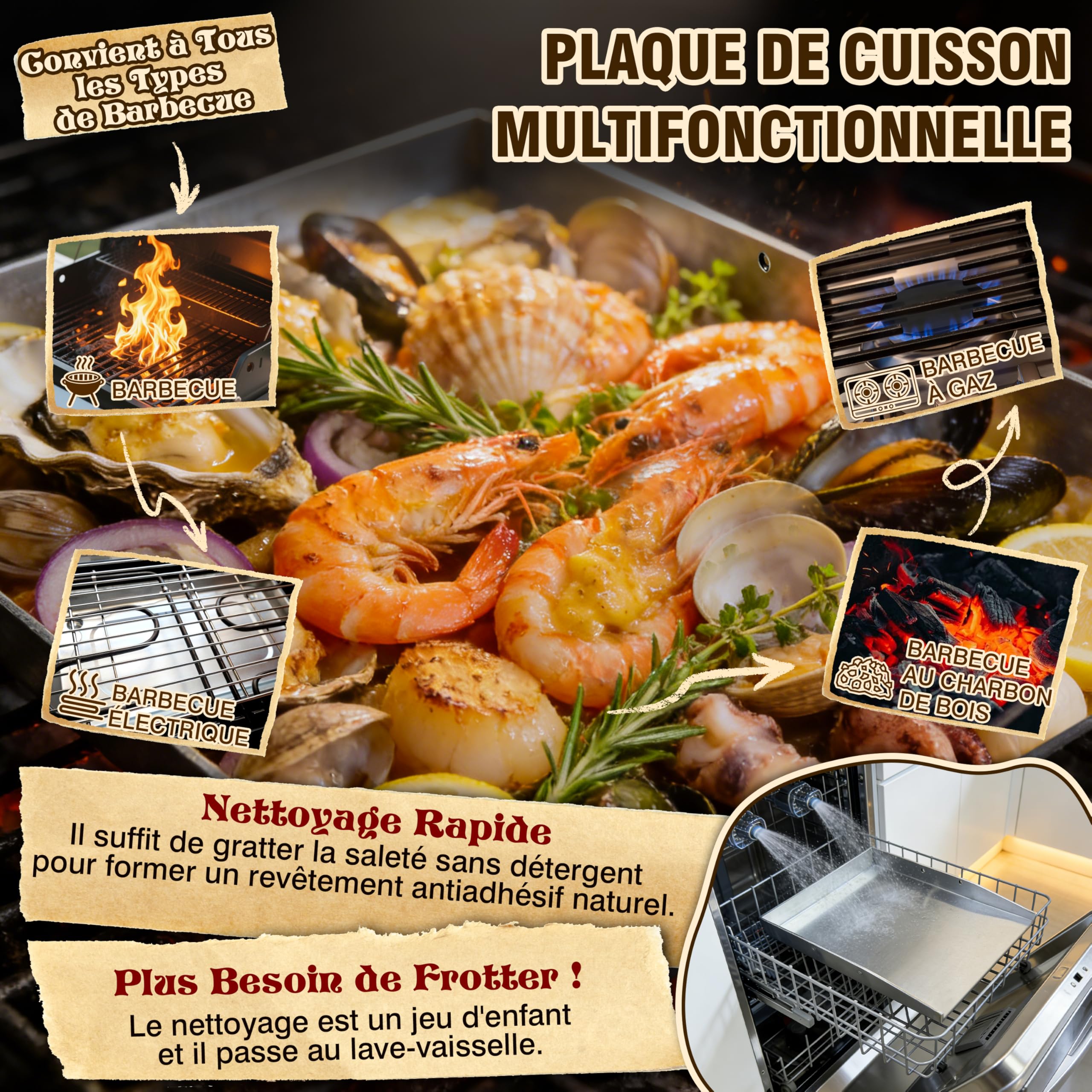 JONRRYIN Plancha Plaque de cuisson 40 x 30 cm, Acier Inoxydable épais avec 2 Spatules, Poignée Amovible pour Barbecue Gaz et Charbon