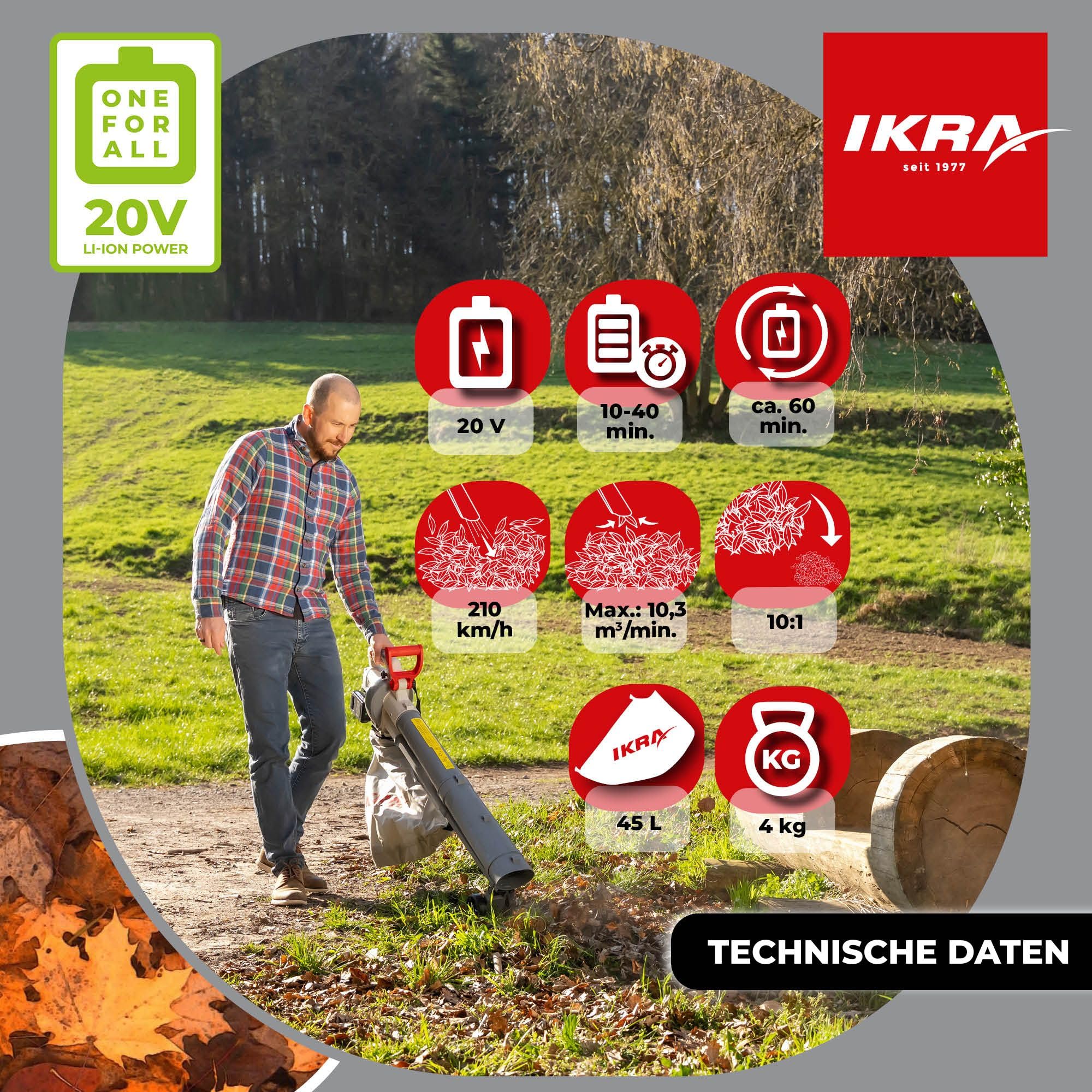 IKRA 3in1 Laubbläser Laubsauger IALS 2-20 inkl. 2 Akku 20V & Ladegerät | Wahlschalter für Saug- und Blasfunktion, bis zu 210 km/h, inkl. Fangsack 45l & Schultergurt, 20V-Akku-Familie von IKRA