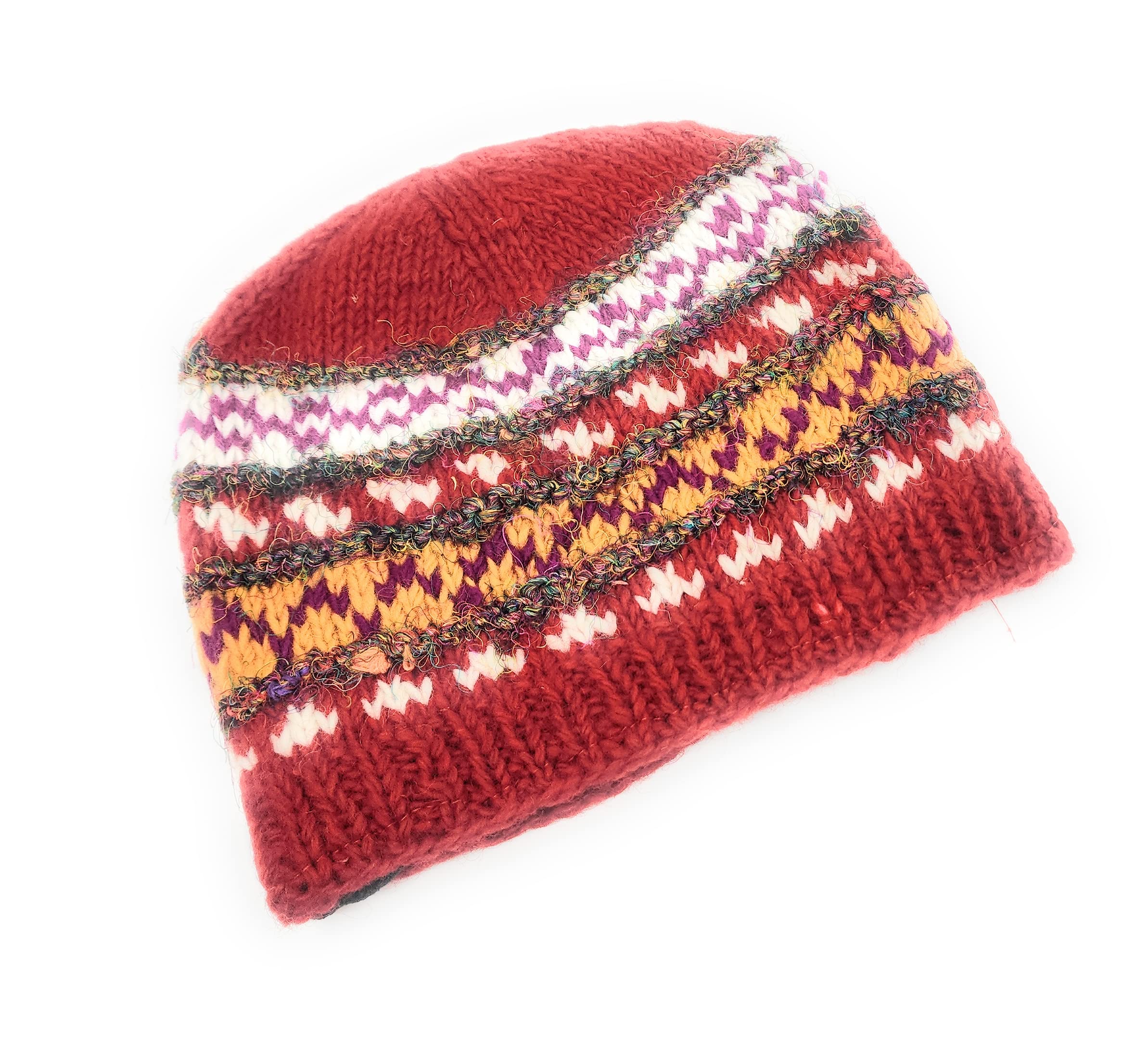 Hand Knit Wool and Recycled Silk Beanie Hat Fleece Lined Made in Nepal
