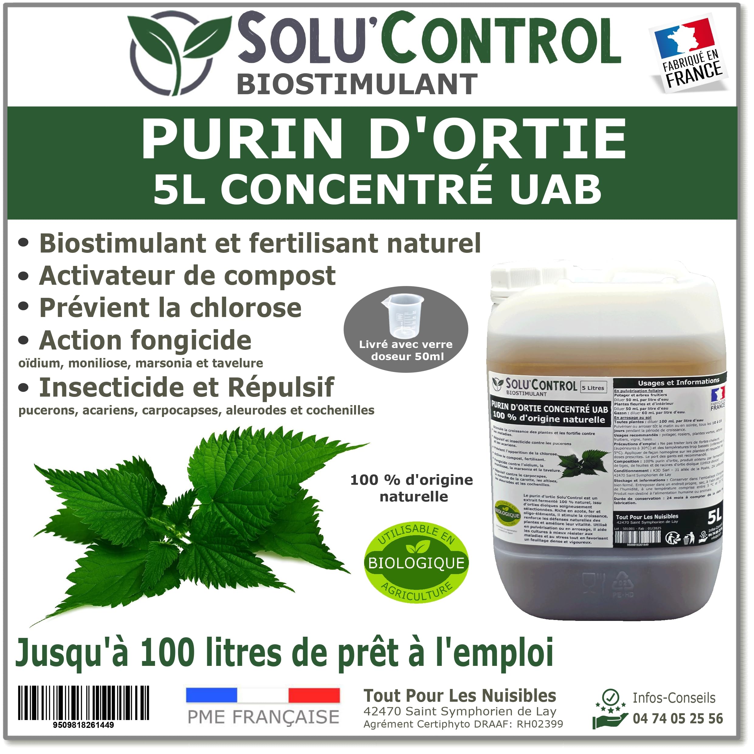 Purin d’Ortie Naturel Solu’Control UAB – 5L – Fongicide & Insecticide Végétal – Stimule la Croissance et Renforce les Plantes – Utilisable en Agriculture Biologique – Fabriqué en France