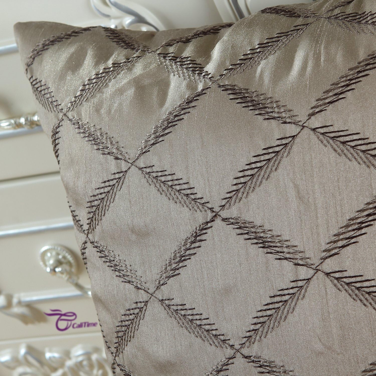CaliTime Pack of 2 Cushion Covers Throw Pillow Cases Shells for Home Sofa Couch Diamonds Chain Geometric Embroidered 18 X 18 Inches Taupe