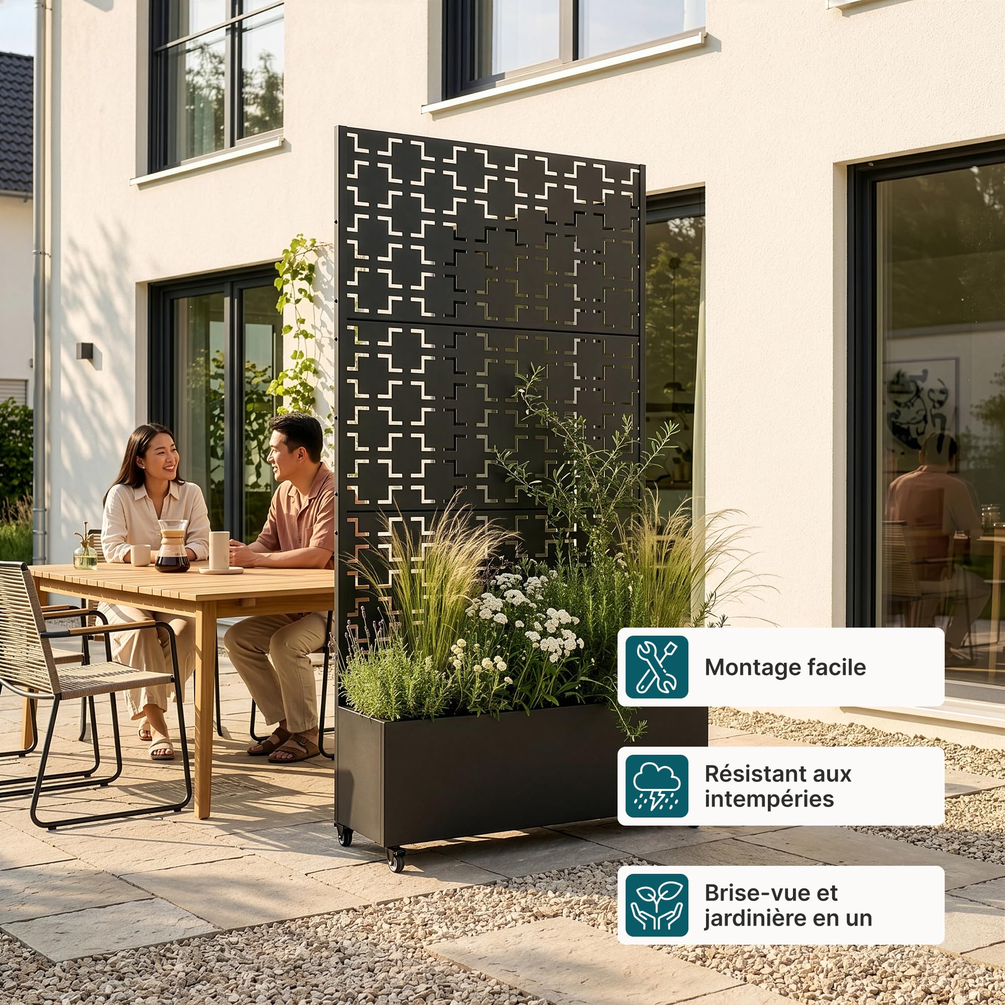 casa.pro Cloison de Séparation Aaskis 190 x 82 x 38 cm avec Bac à Fleurs Paravent Clôture avec Jardinière pour Extérieur Intérieur Jardin Terrasse Brise-Vue sur 4 roulettes Acier Galvanisé Noir