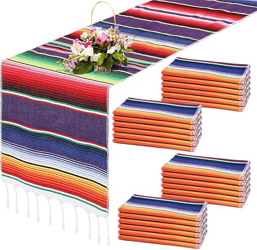 24 caminos de mesa de algodón con flecos tejidos a mano, camino de mesa de rayas coloridas para decoraciones de fiestas mexicanas, fiestas, 14 x 84