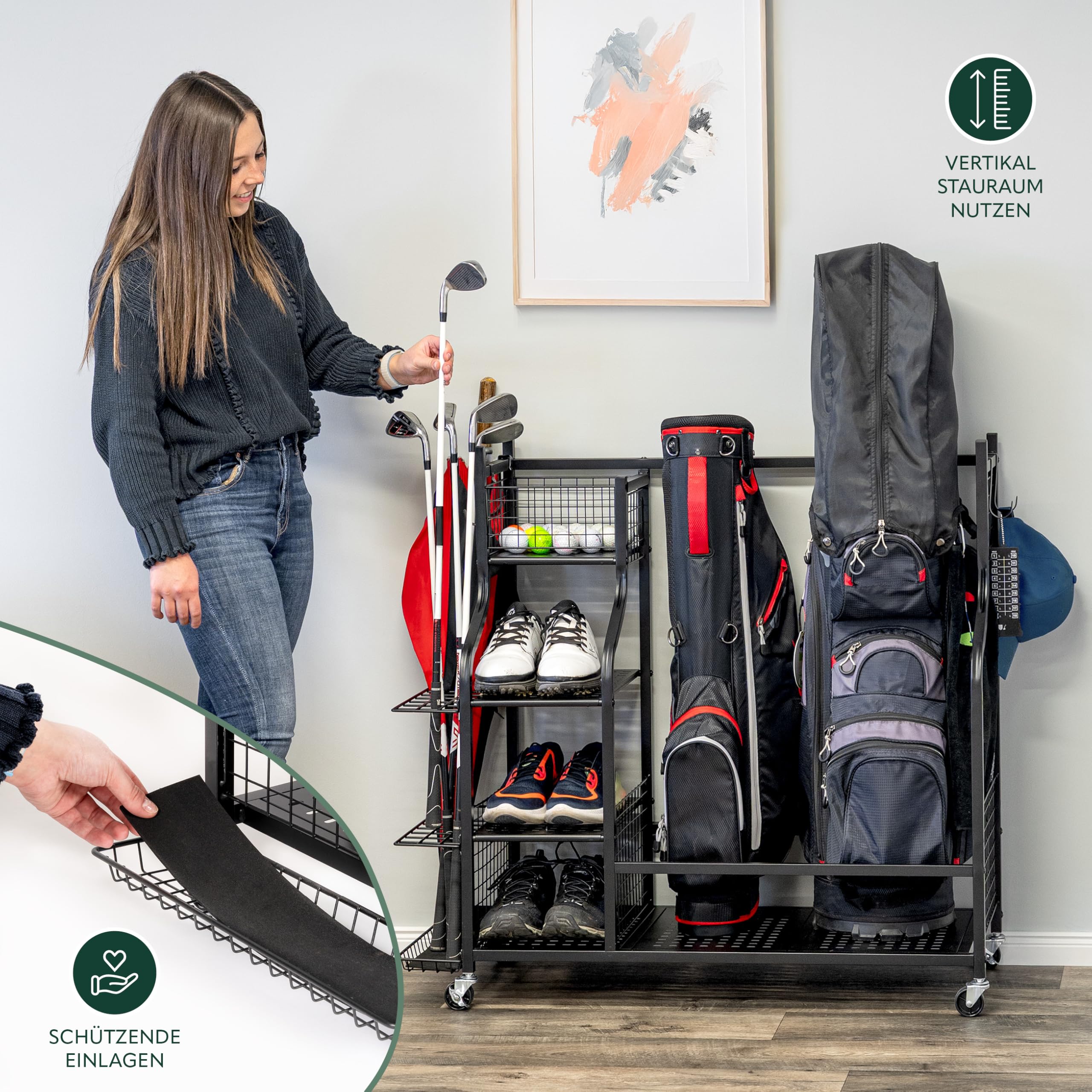 eluno Golftaschen-Organizer, Regalwagen mit stabilen Ablagefl�chen und K�rben, Aufbewahrungsregal passend f�r 2 Golftaschen und Golfausr�stungszubeh�r, Golftaschenhalter, aus schwarzem Stahl