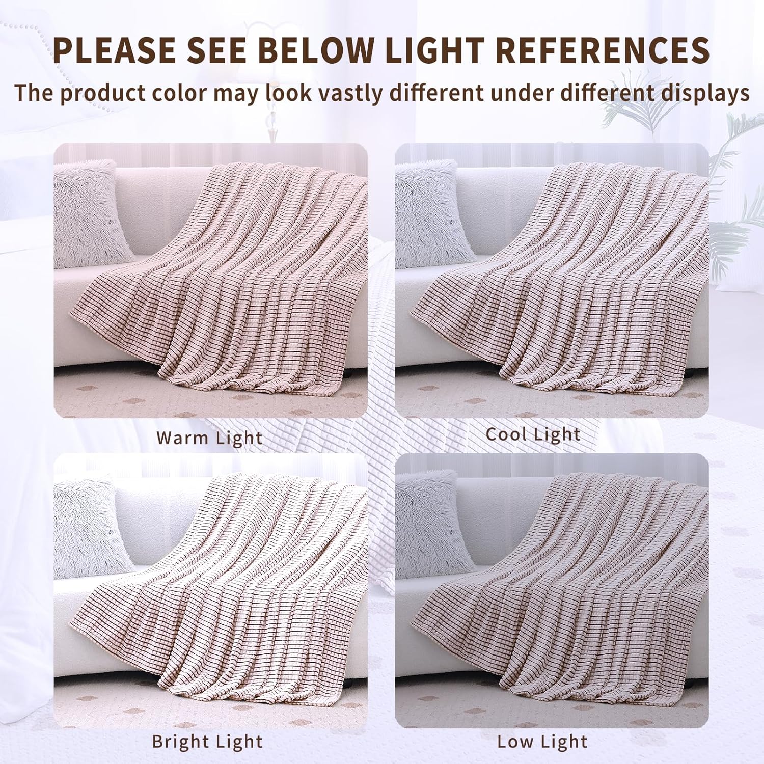 PLEASANT BOULEVARD | Fuzzy Throw Blanket Double-Sided Design Checkered Striped Waffe Lightweight Fleece Blankets for Bed and Couch Décor – Cozy, Soft, Cute for Women, Queen (90" x 90") Brown