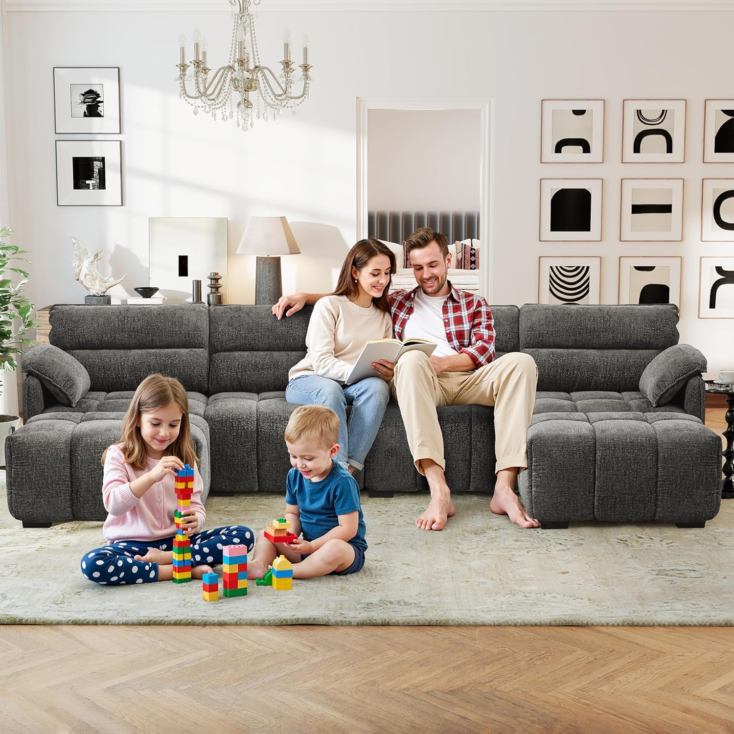 Urhanherry 134.6" Modular Sectional Sofa, U Shaped Sectional Couch with Ottoman, 5-Seat Chenille Boneless Couch with Removable Armrest for Living Room,Bedroom, Apartment(Grey)