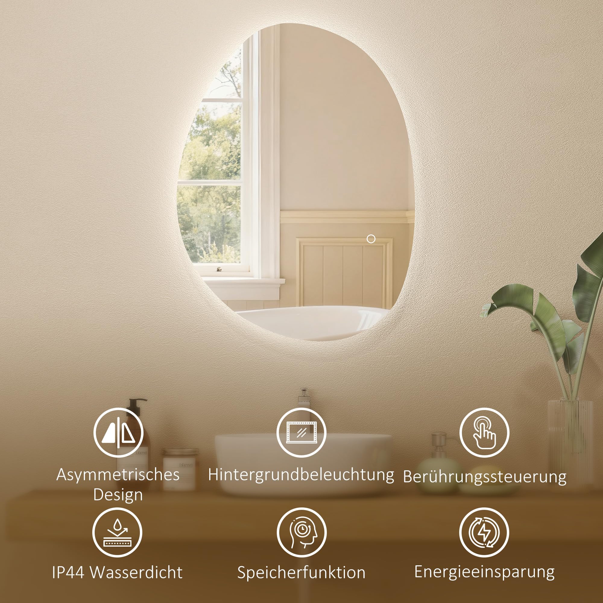 HOMCOM Miroir Salle de Bain LED 70 x 50 cm Mural Asymétrique Anti-buée 3 Couleurs Dimmable IP44 Argenté