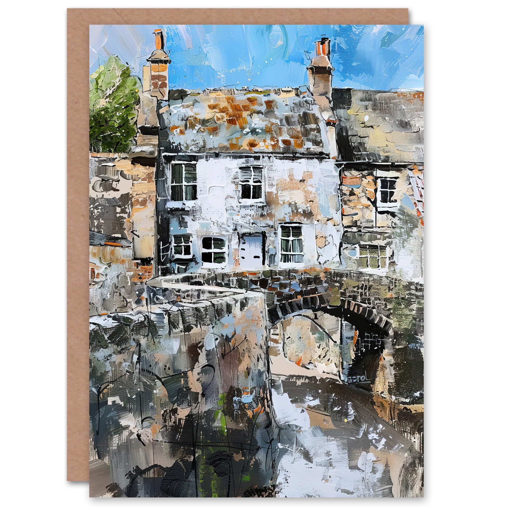Artery8 Greeting Card North Yorkshire Village Medieval Bridge Painting Blank For Him Or Her Art Farewell Card