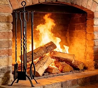 5 Pieces Fireplace Tools Set 31",Heavy Duty Wrouhgt Iron Fire Place Toolset with Poker, Shovel, Tongs, Brush, Stand for Outdoor Indoor Chimney, Hearth, Stove,Black