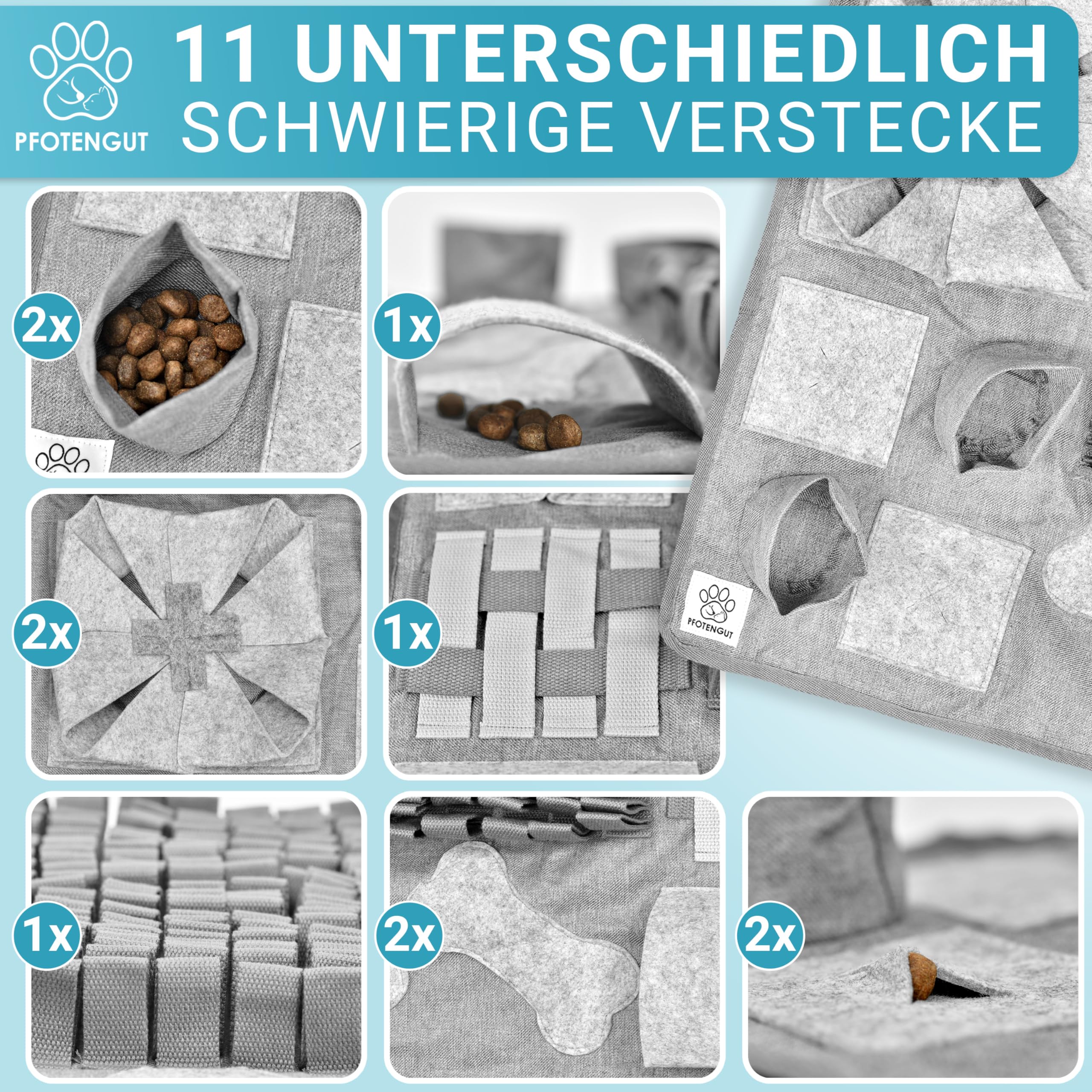 Schnüffelteppich für Hunde - Hochwertiger Schnüffelteppich inkl. 11 Trainingselemente und 3 Schwierigkeitsstufen - Schnüffelteppich Hund - Hunde Schnüffelteppich