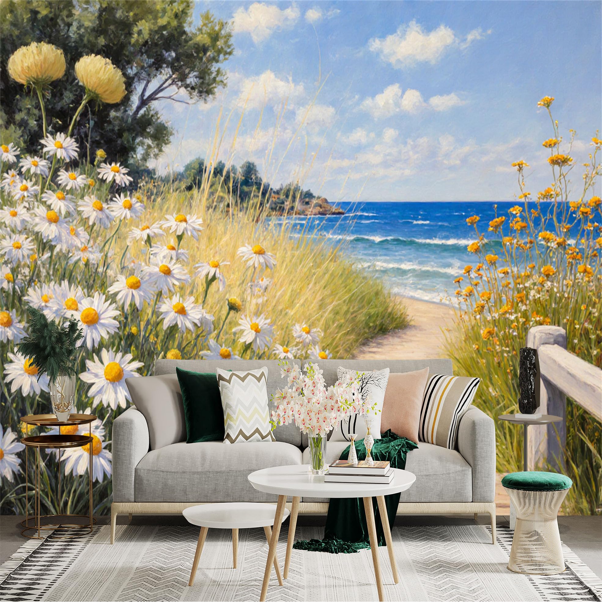 Lnzczhyre Xc260505291 Custom Size Wall Sticker Mural， Scenic Coastal Path With Wildflowers， Sunny Beach View， Summer Ocean Landscape， For Wall Decoration， Peelandstick Wall Decals.