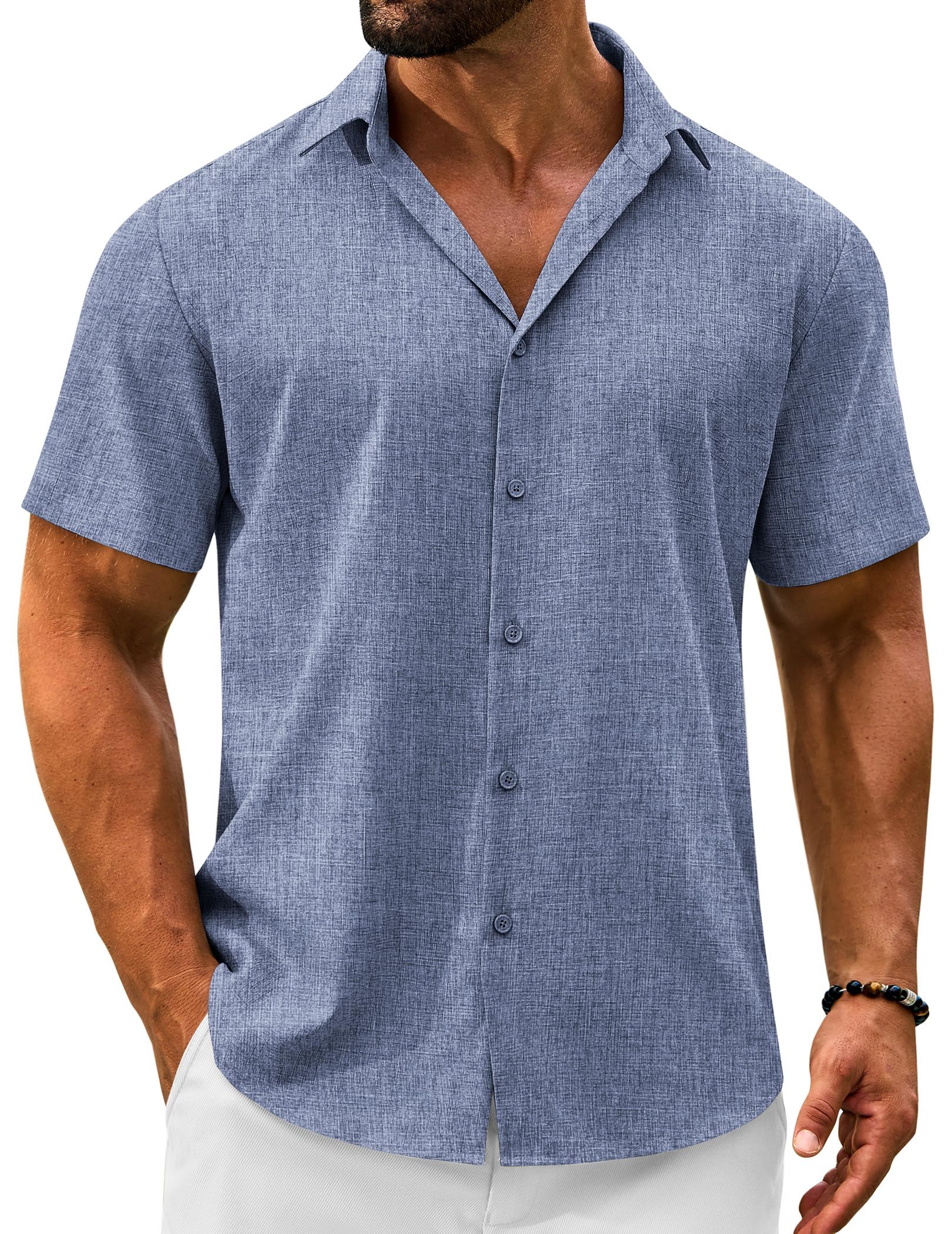 VOZZBY Men's Linen Shirts Short Sleeve Casual Button Down Shirts Summer Beach Wedding Vacation Cotton Tops