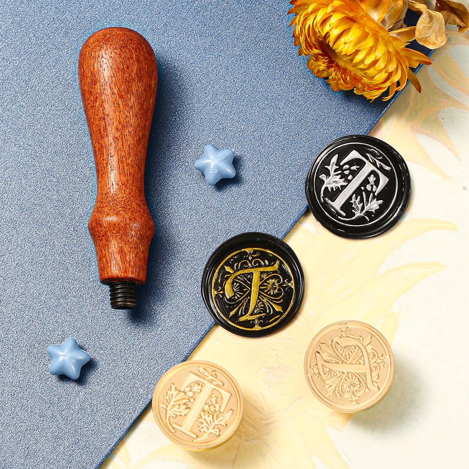 Comealltime Pack of 2 Retro Alphabet Sealing Wax Stamps, A~Z Initials Wax Stamp with Wooden Handle - Image 2
