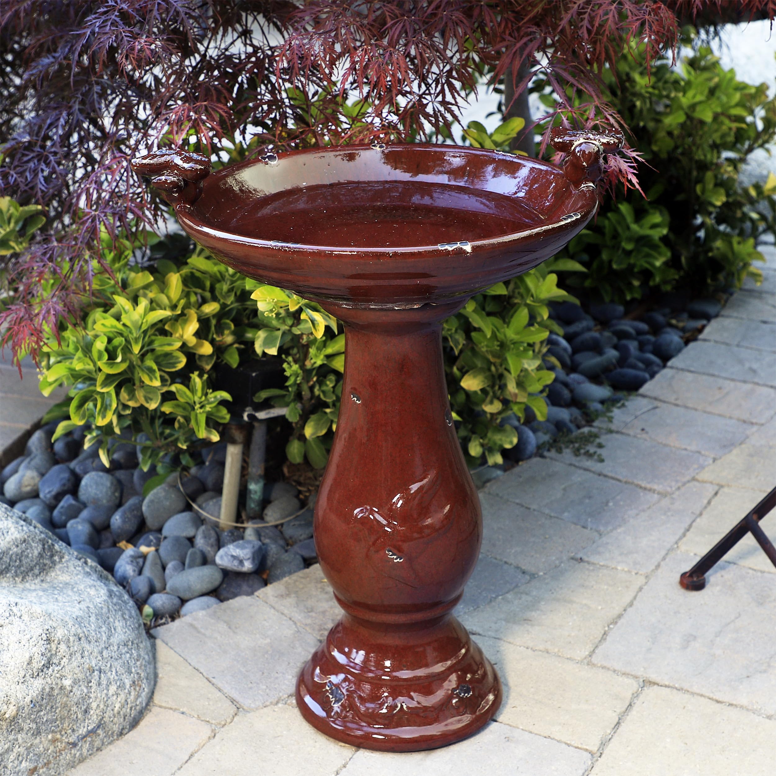 Alpine Corporation Bain d'oiseaux sur Pied en céramique Antique avec 2 Figurines d'oiseaux Rouge 61 cm