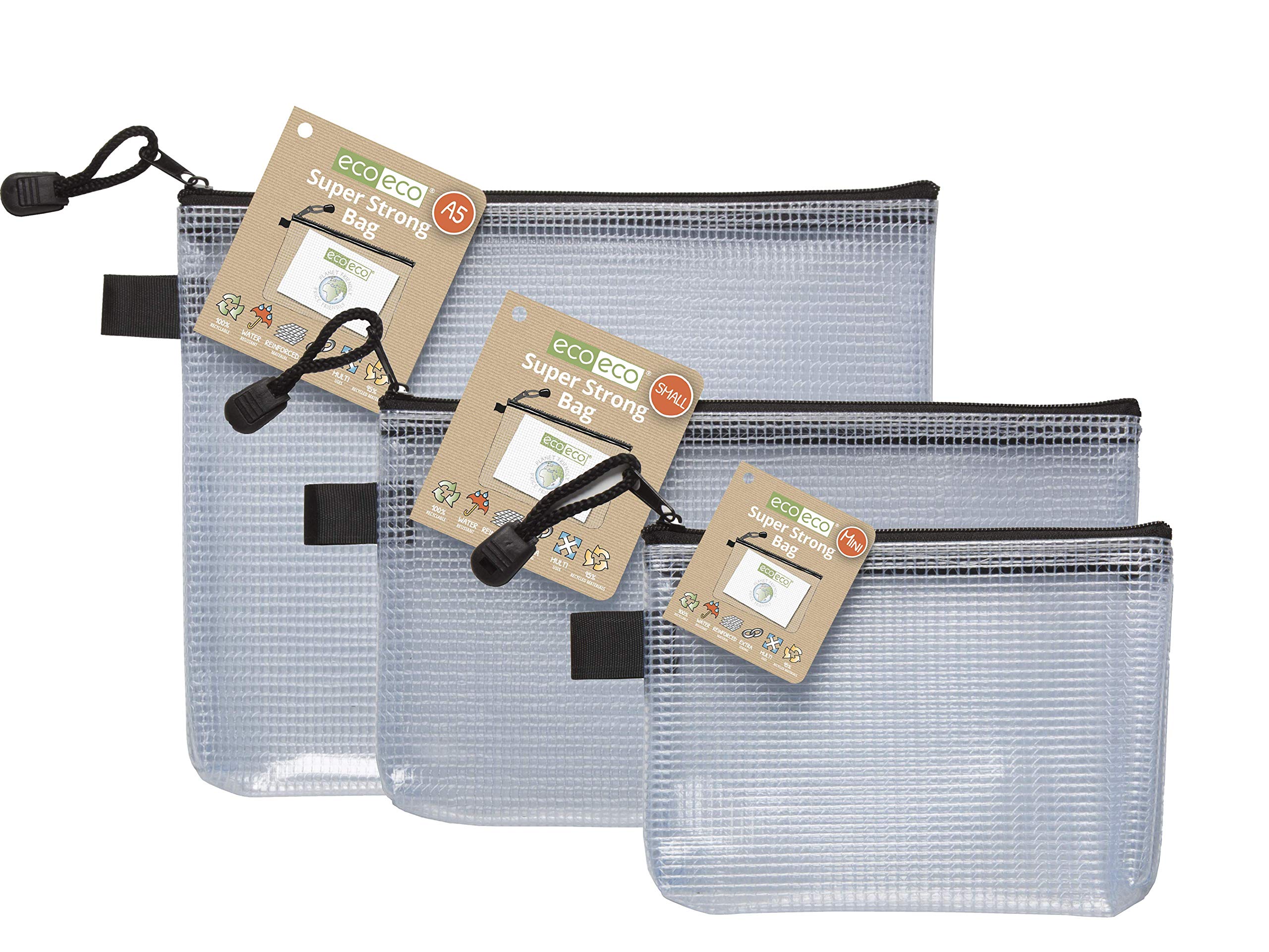 eco-ecoeco-eco Mini, A5 and Dl 95% Recycled Super Strong Bags Triple Pack, Waterproof Mesh Tuff Bag, Reinforced, Black Zip Closure ecoBundle36_37_38,230mm x 125mm
