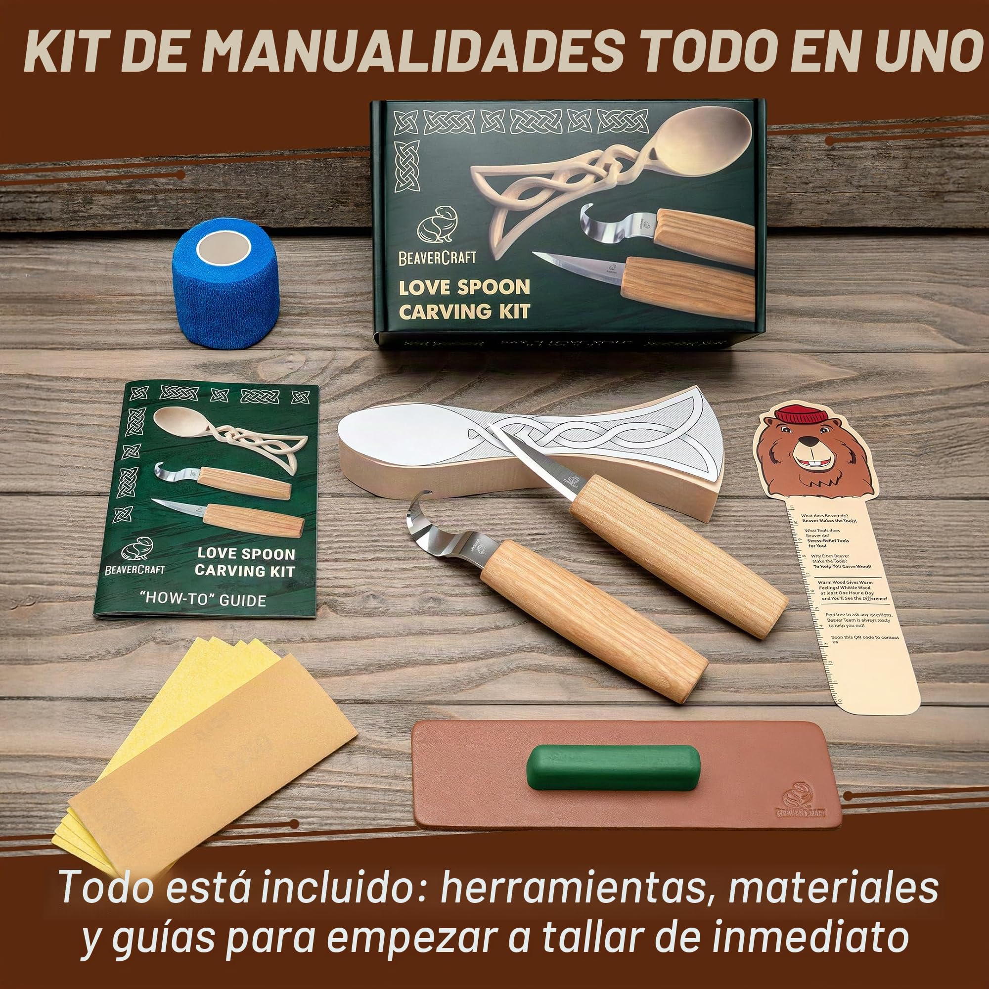 BeaverCraft Kit de Tallado de Cucharas en Madera para Principiantes DIY04 – Incluye Cuchillos Sloyd y de Gancho, Bloque de Tilo – Kit de Manualidades para Adultos y Niños