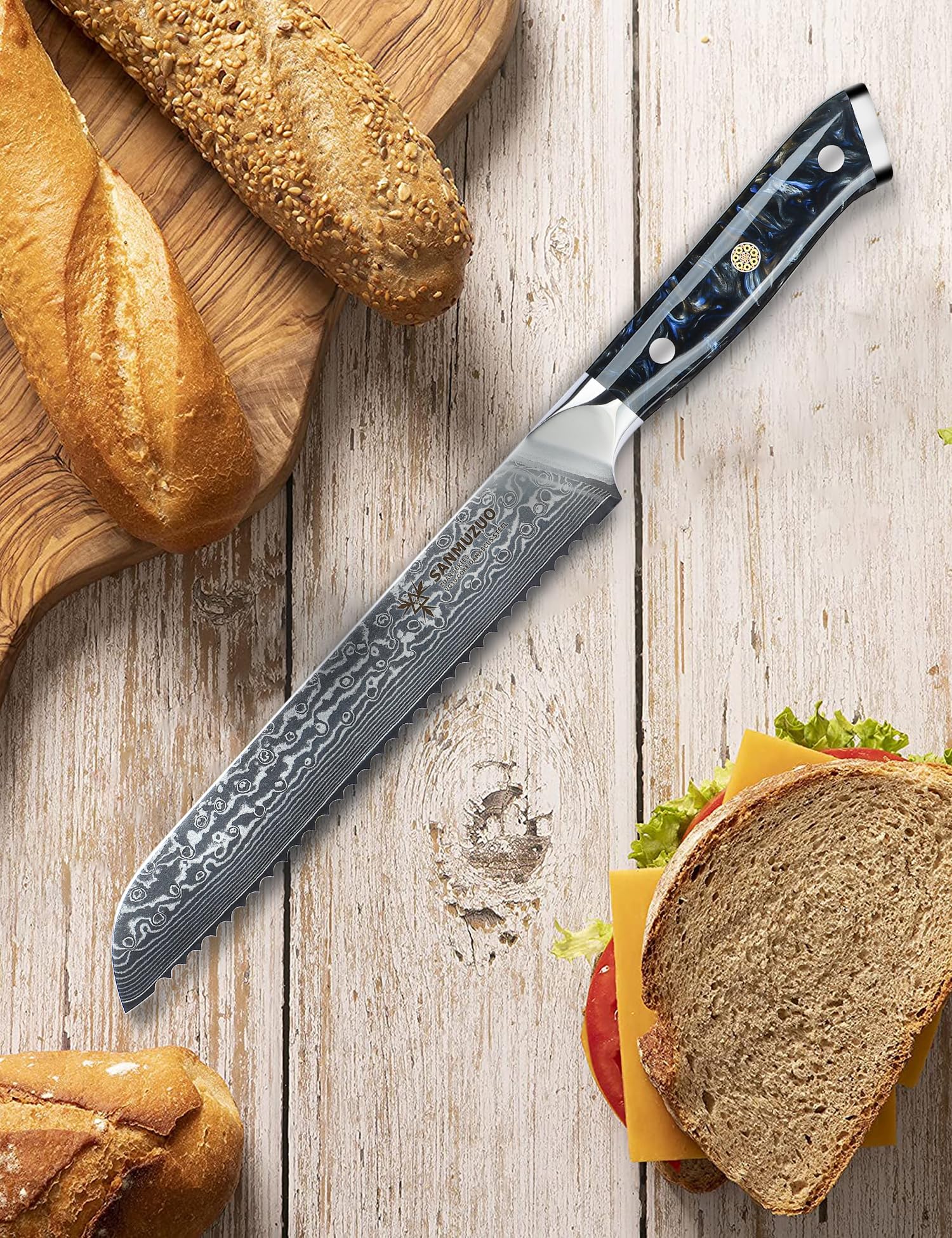 nóż do chleba, 20 cm Ostrze ze szlifem falistym, Profesjonalny Nóż kuchenny ze stali damasceńskiej, VG10 ze kuta nóż damasceński z uchwytem żywicznym, seria Xuan(Gwiezdne niebo Czarny)