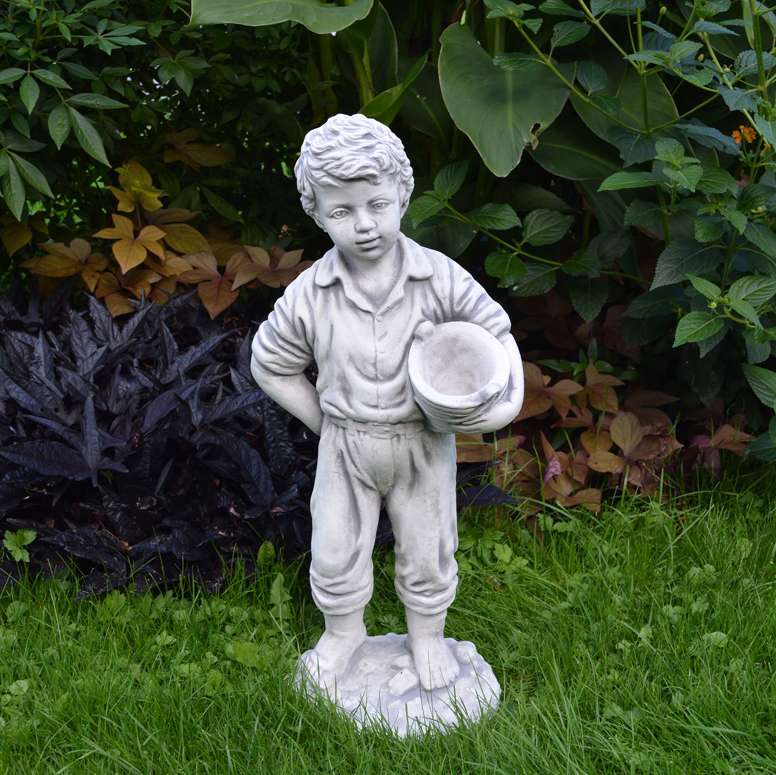 Statue Garçon Avec Jardinière En Pierre Reconstituée - Décoration De Jardin Résistante Au Gel - Fabriqué à La Main