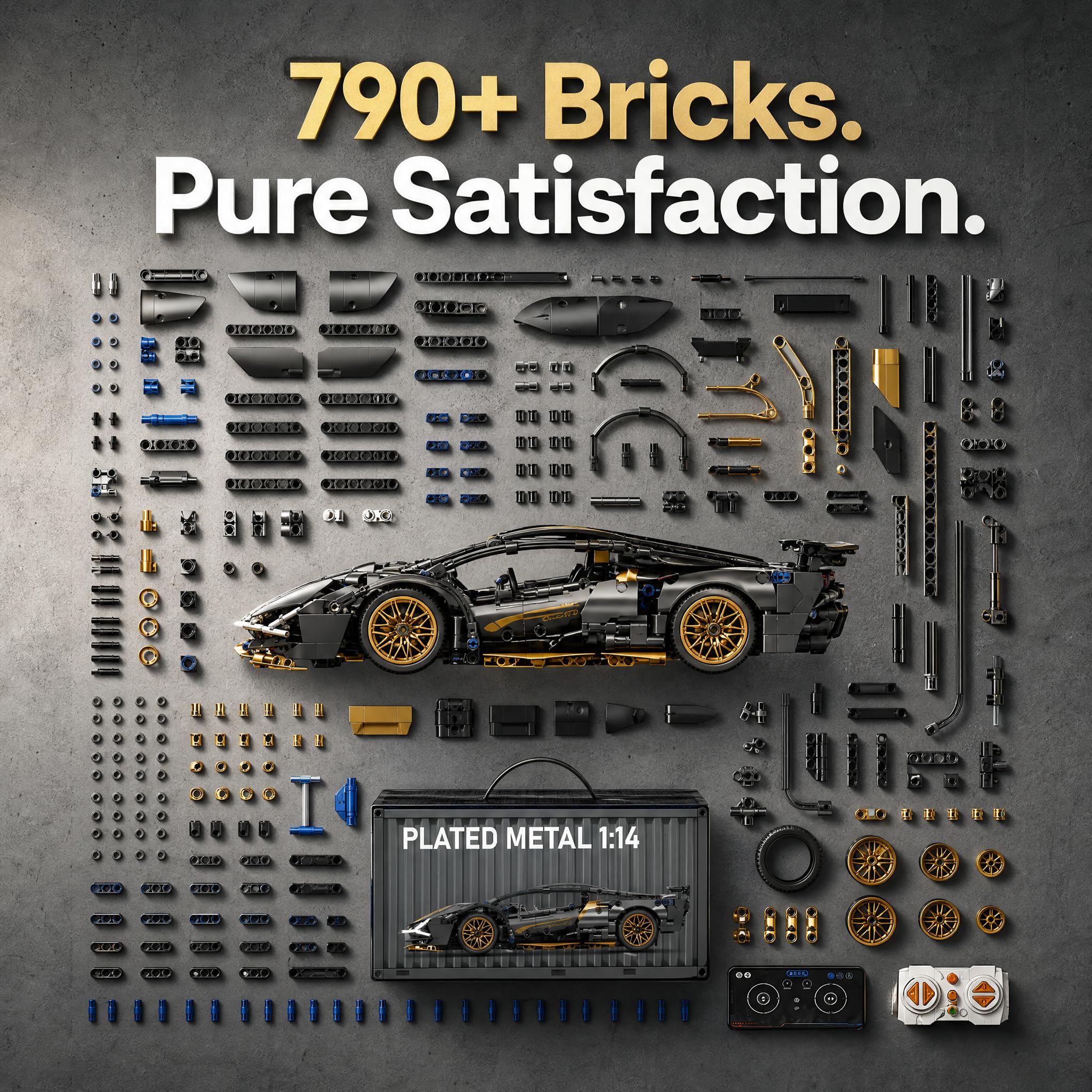 Macchina RC Supercar Nera 790 Mattoncini 1:14 – Porte Apribili LED 2.4GHz App | Kit Costruzione Auto Telecomandata Regalo 10-12 Anni STEM | Kit Completo