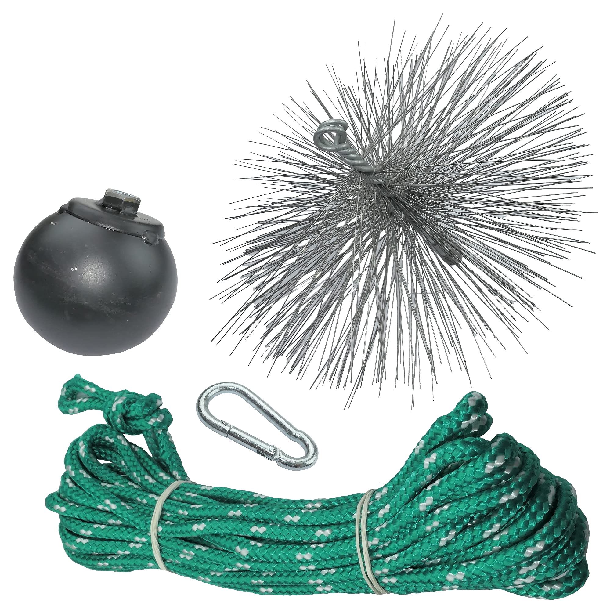 AERZETIX Juego Deshollinador Cepillo Metálico Ø200mm Cuerda Ø5mm 10m | Bola 1.8kg, Mosquetón, Herramientas limpieza chimeneas, C49985