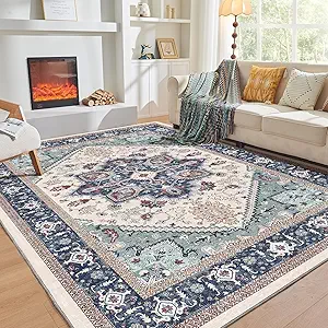 OPPODREAM Soft 10x14 Area Rugs, Washable Rugs 10x14 with Non Slip Backing, Low-Pile Faux Cashmere 10 x 14 Carpet, Navy Blue & Red & Cream