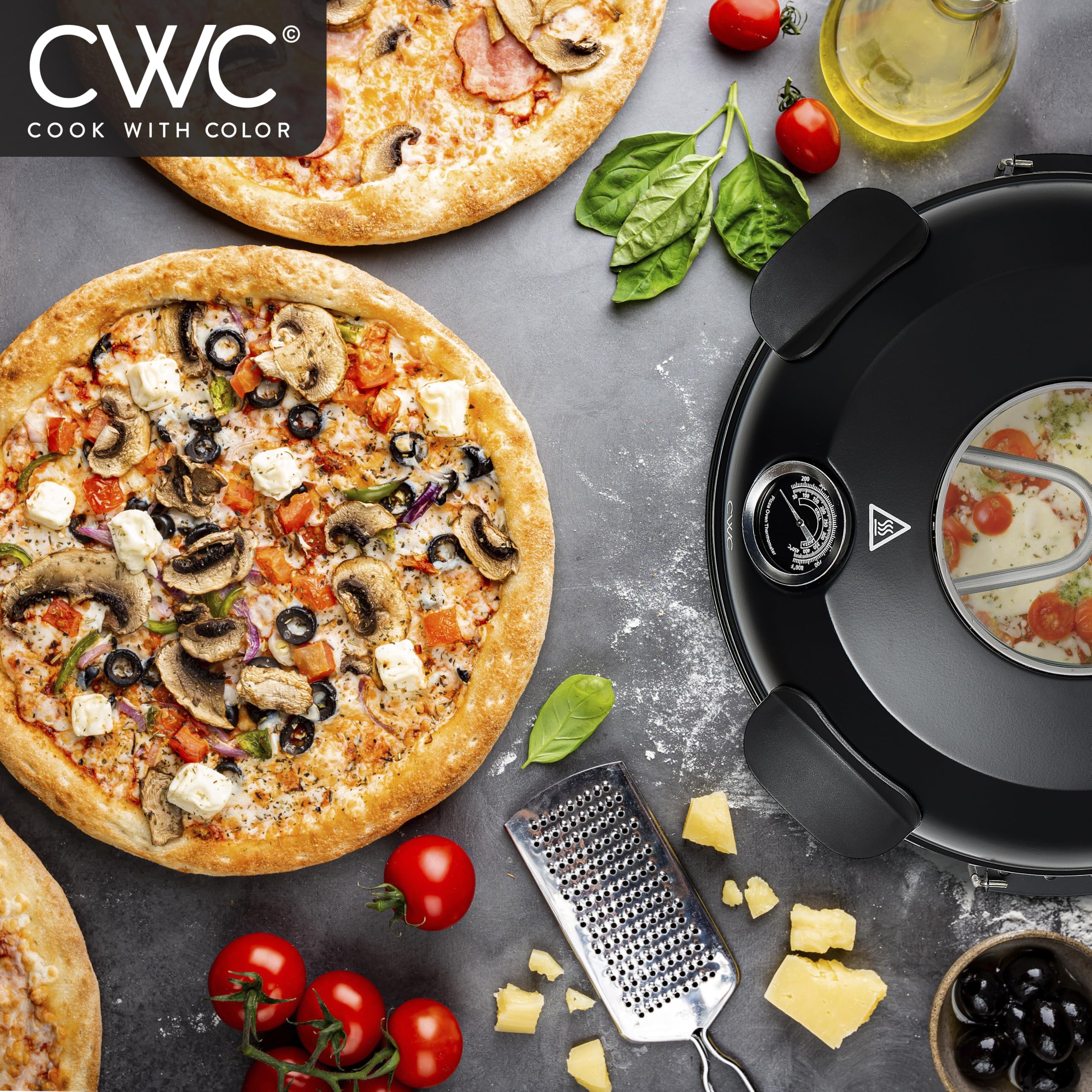 Cook With Color Electric Indoor Pizza Oven – Crispy Crust Countertop Pizza Maker, Heats up to 800˚F, 12 Inch Ceramic Stone, Dual Temperature Control Knobs, Bamboo Peel Included, Black - Detailed View