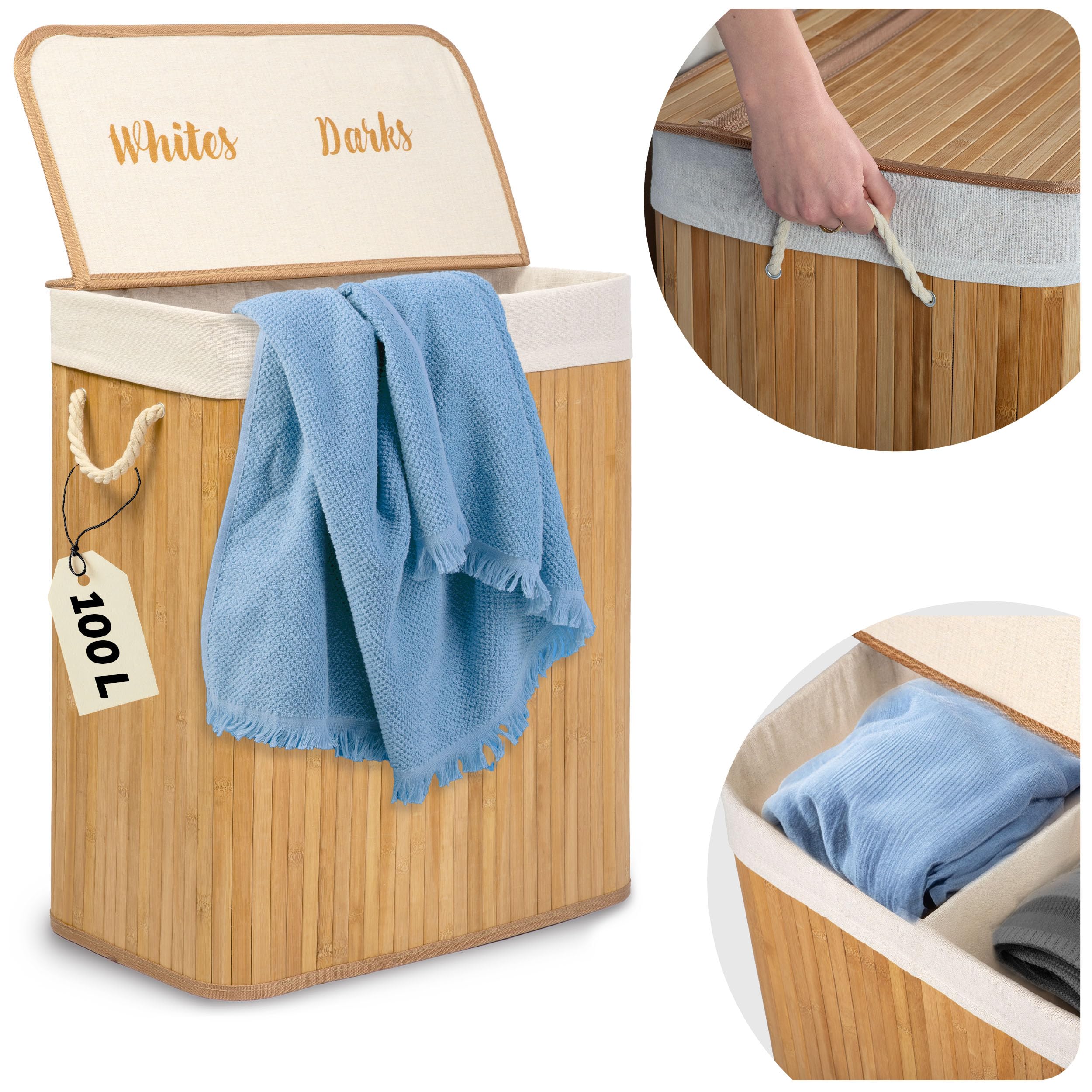 Cesto portabiancheria a 2 scomparti, 100 l, con coperchio e sacco per la biancheria, in bambù, colore beige, 61 x 54 x 34 cm