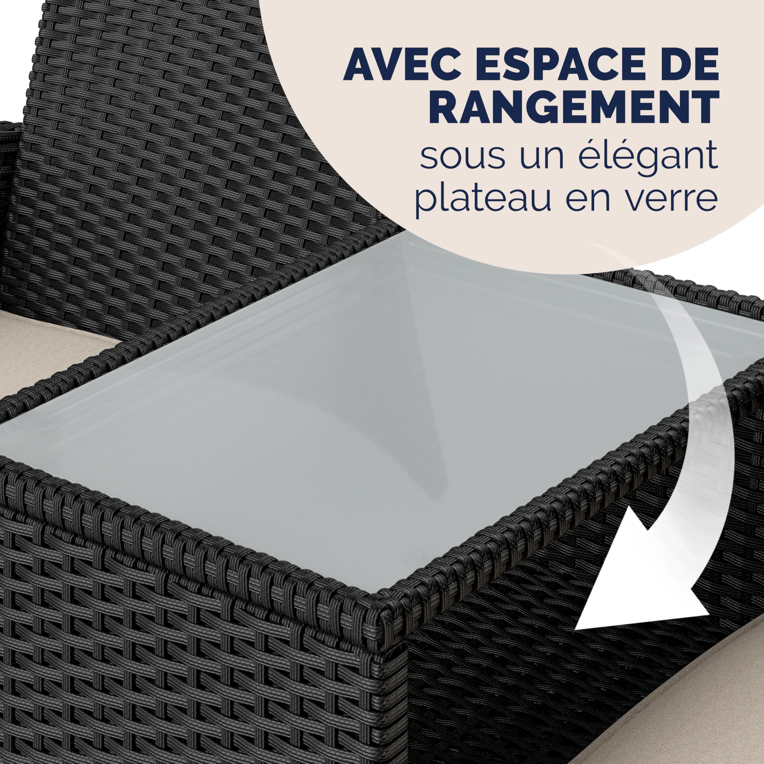Banc de Jardin en polyrotin 2 Places avec Coussins Table intégrée 143x64x87 cm Salon de Jardin extérieur Noir