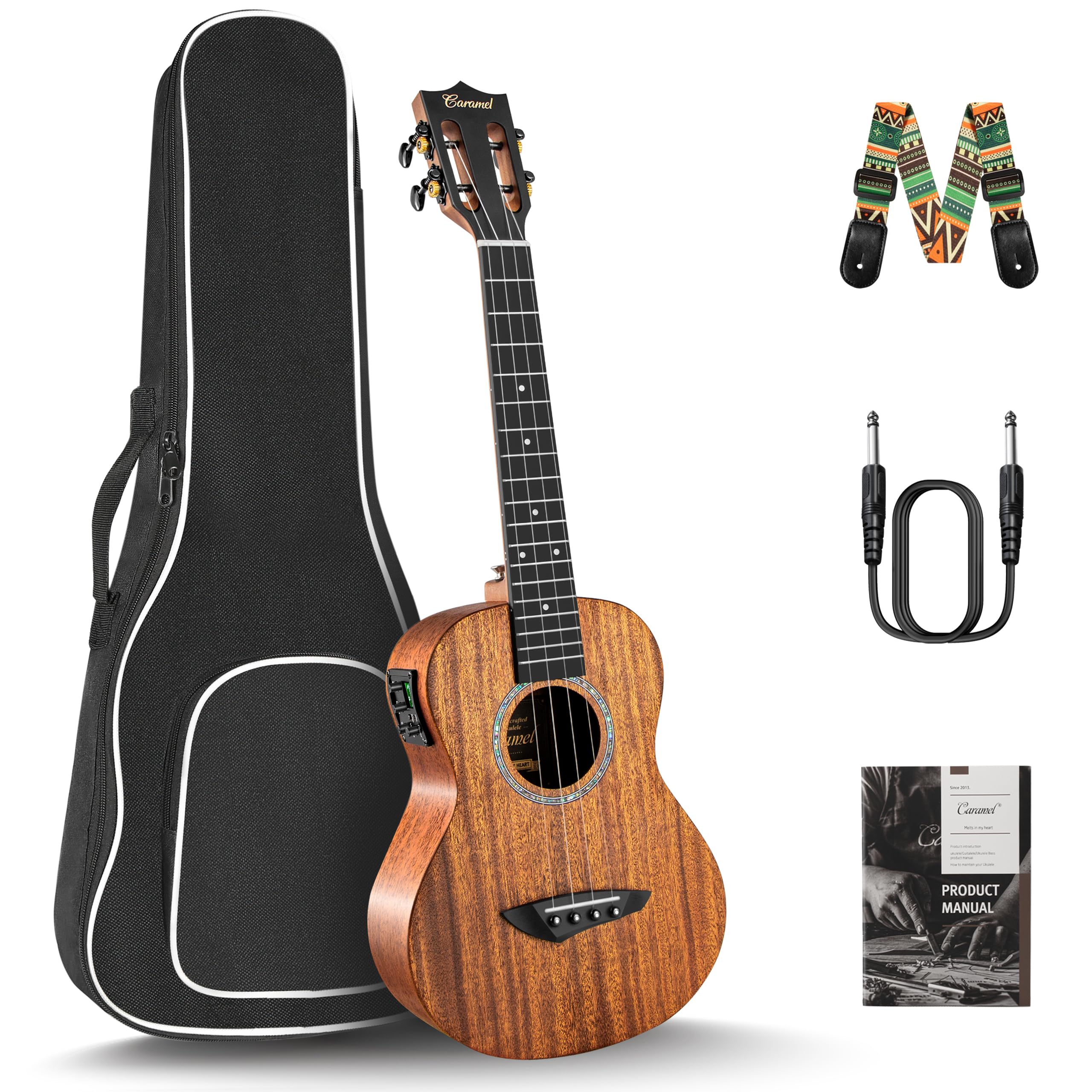 26 inch Caramel CT402 All Solid Mahogany Tenor Ukulele LCD color display Electric Uke Beginners Guitar Starter Pack Bundle Gig bag Strap Ukelele Set