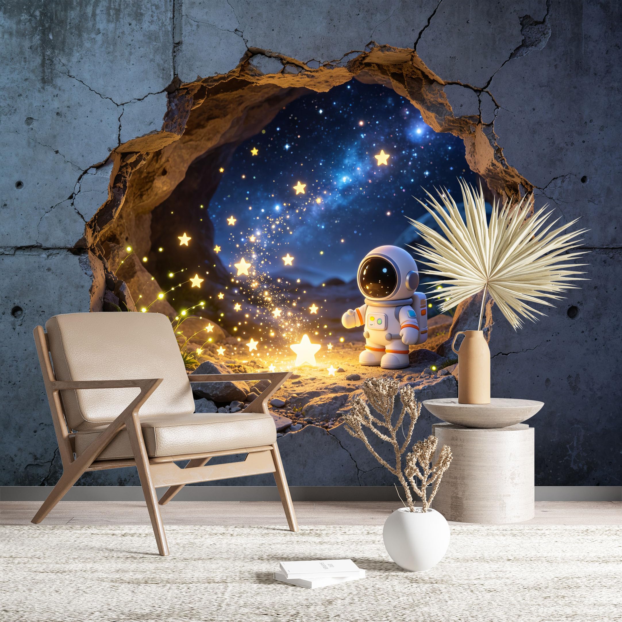 Custom Size Wall Murals Astronaut Through Cracked Wall with Stars 3D Self-Adhesive Wall Fabric (NO PVC) Removable Wallpaper for Kids Room Bedroom