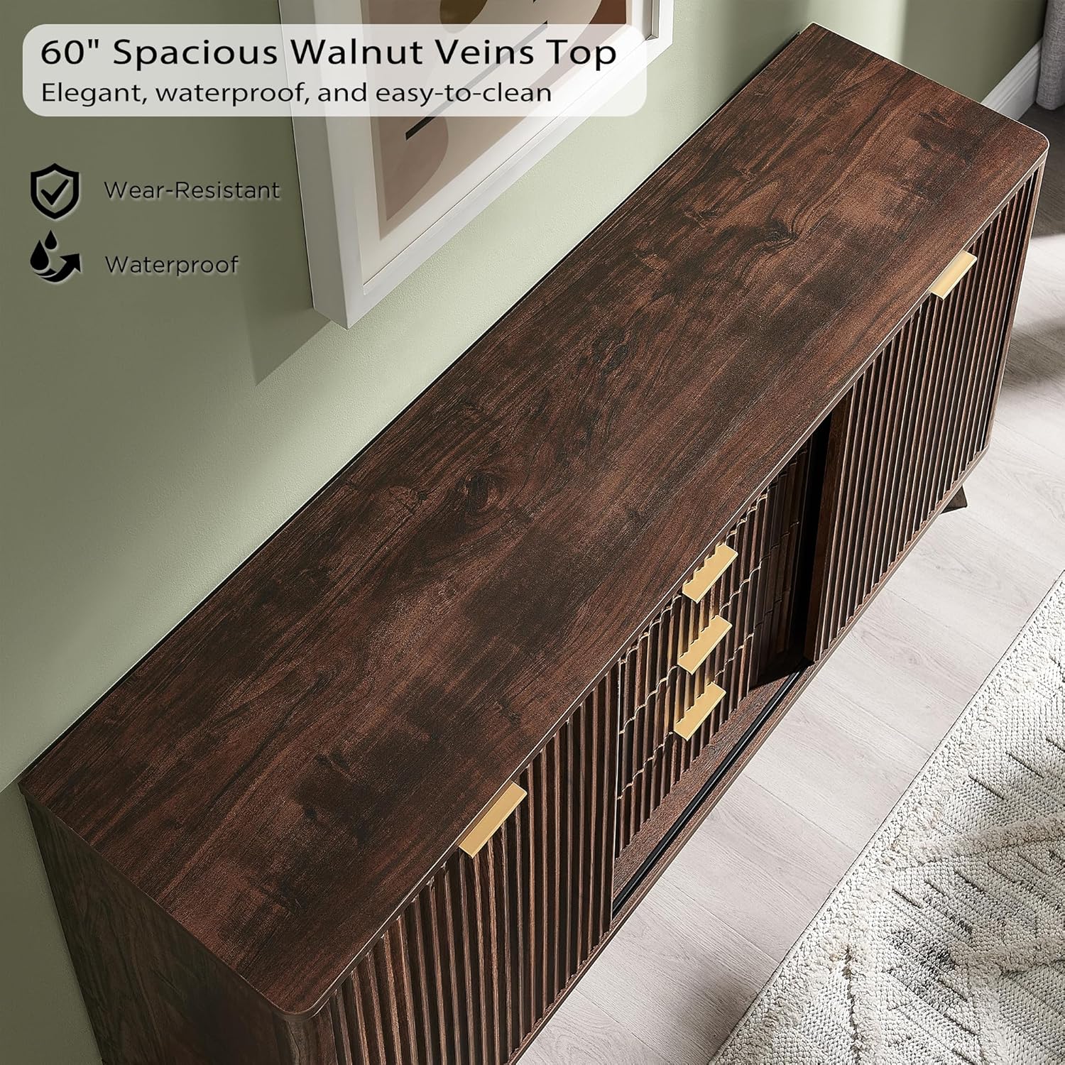T4TREAM 60" Fluted Dresser with Sliding Doors and 4 Drawers, Modern Chest, Curved Profile Design, Dresser TV Stand, Wood Drawer Organizer for Bedroom, Living Room, Dark Walnut