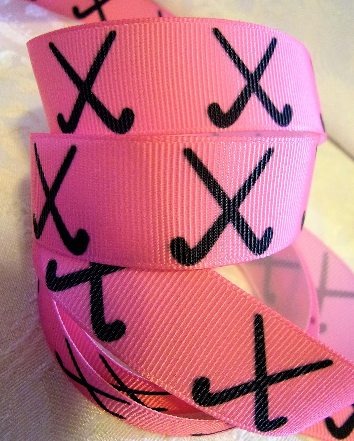 Grosgrain Ribbon - Hot Pink Field Hockey Print - 7/8W - 5 Yards, For Team Hair Bows, Hair Ties, Decorating, Crafts & Sewing!