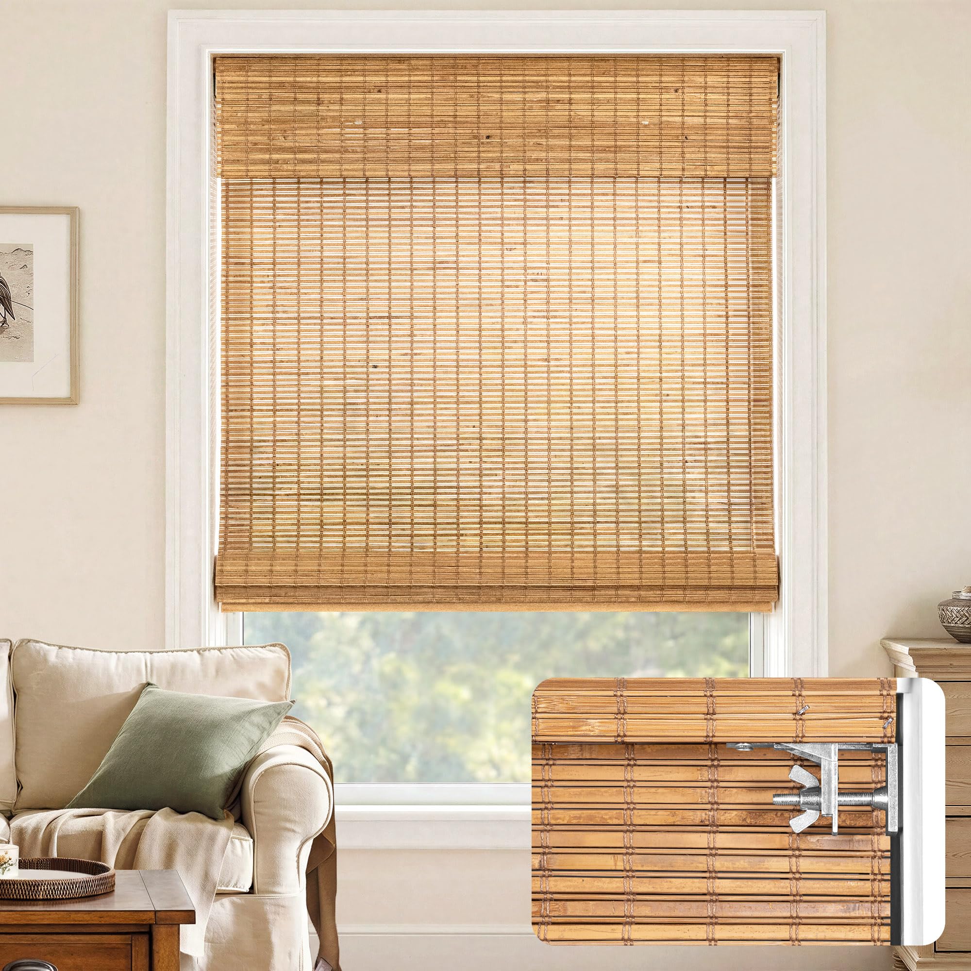 LazBlinds No-Drill Cordless Roman Shade - Light Filtering Natural Wood, Easy Install Bamboo Blind for Windows 35" W x 48" H, Malay Oak
