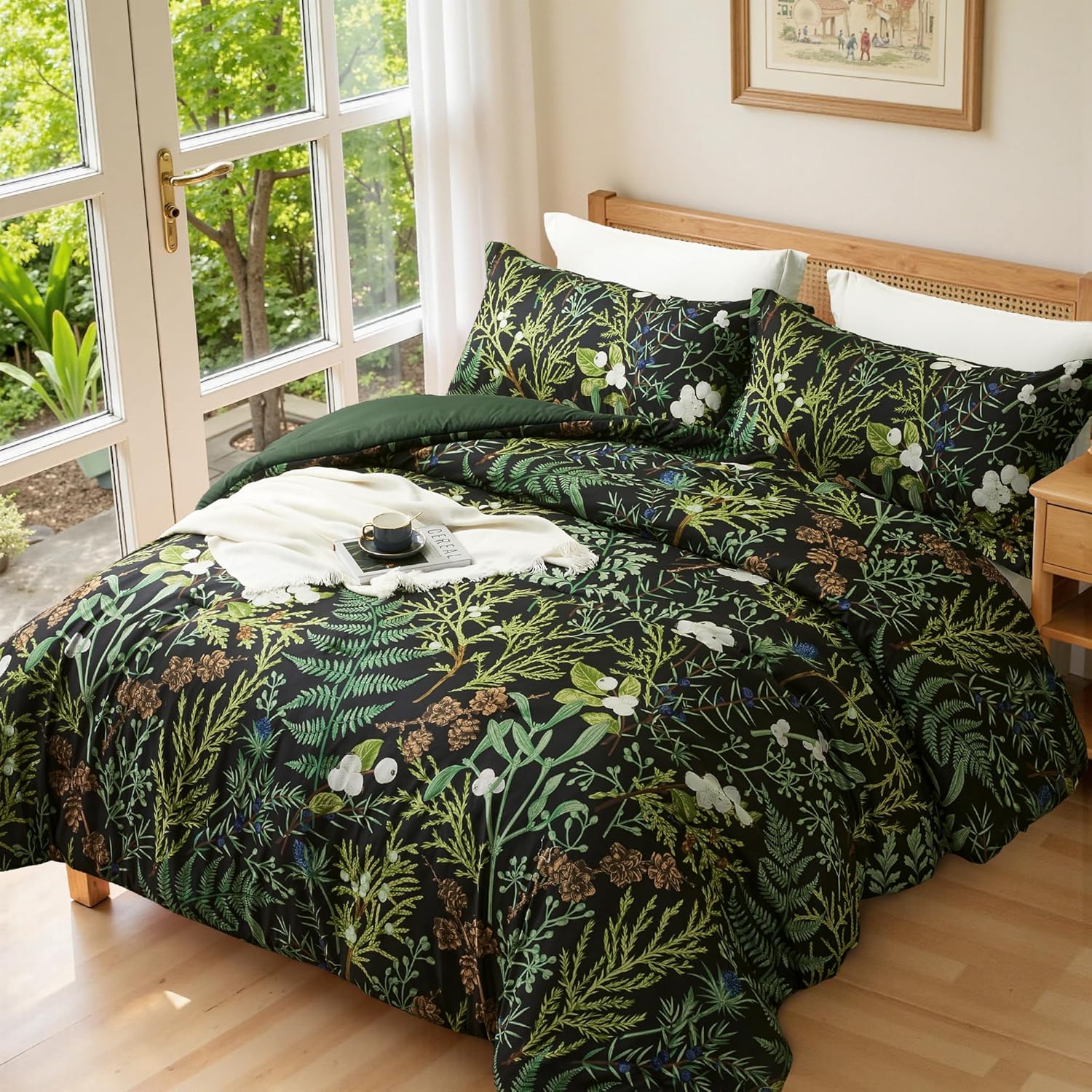 King Comforter Set - 3 Pieces Botanical Bedding Comforter Set, 1 Soft Green Plant Flowers Comforter (104"x90") and 2 Pillow Shams(20"x36") Ultra-Soft Comfort Suitable for All Seasons - Image 2