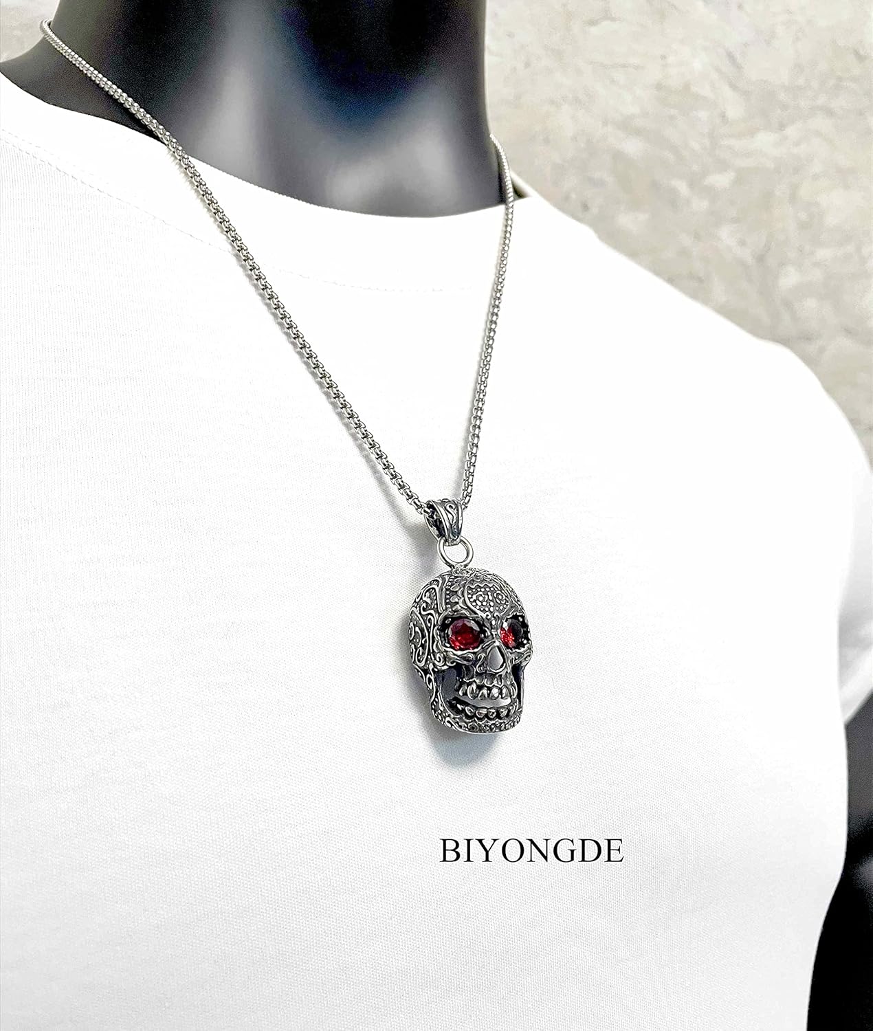 Vintage Sugar Skull Pendant Necklace Red Cubic Zirconia Eyes Steel for Men, 24 in Chain, Gothic Biker - Image 4