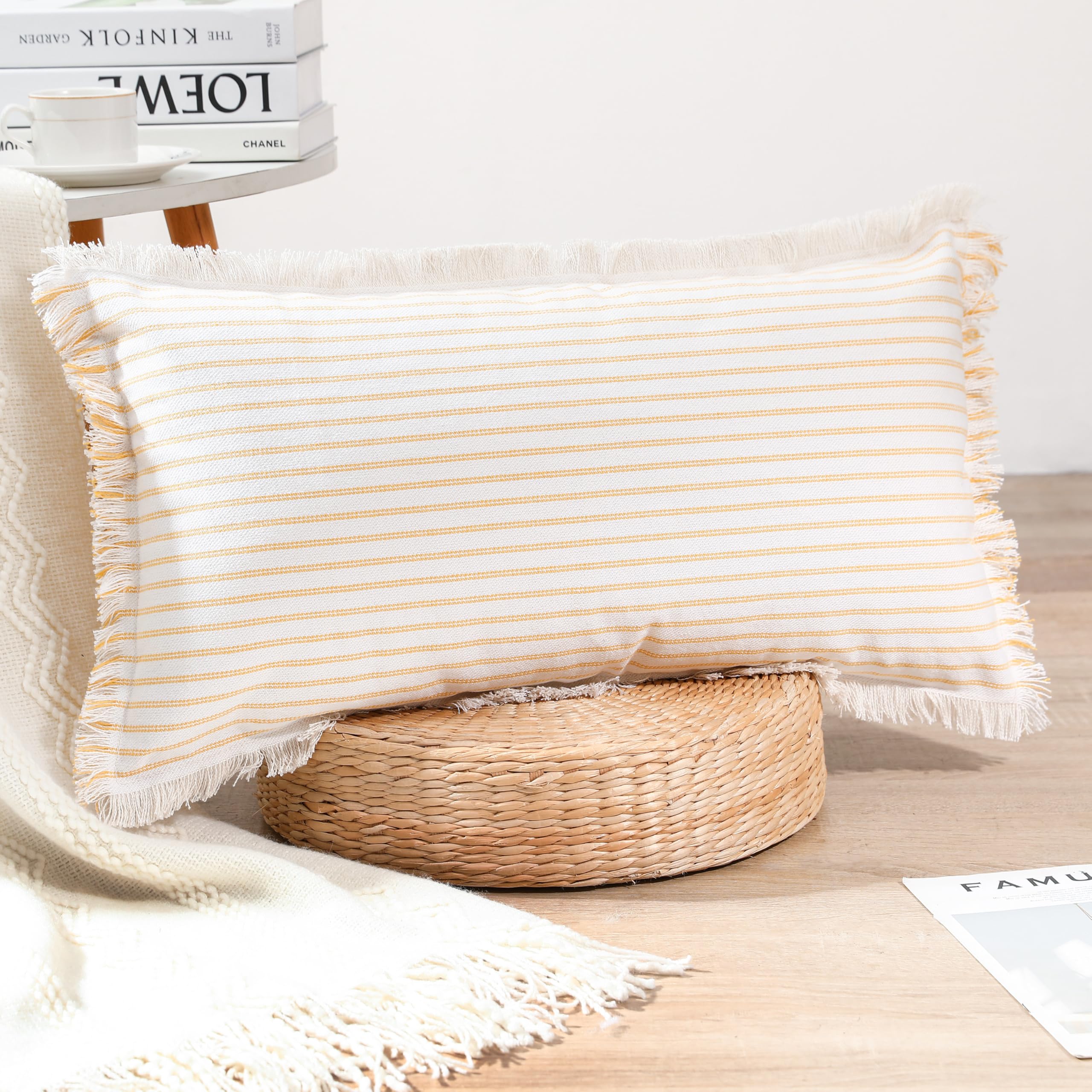 PANOD Decorative Boho Long Lumbar Pillow Cover 12x24,Super Soft Cotton Modern Long Rectangle Pillow Cover Pillow Case for Bed Sofa Couch Farmhouse Livingroom,Yellow Product Image 6