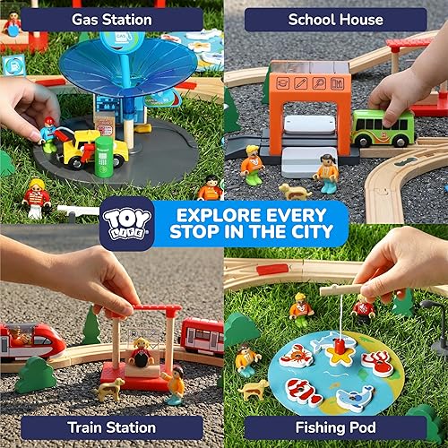 Miniatura 4 de TOY Life Juego de tren de madera para niños pequeños de 2 a 4 años, 119 juguetes de tren urbano con pista de tren de madera, juego de tren eléctrico