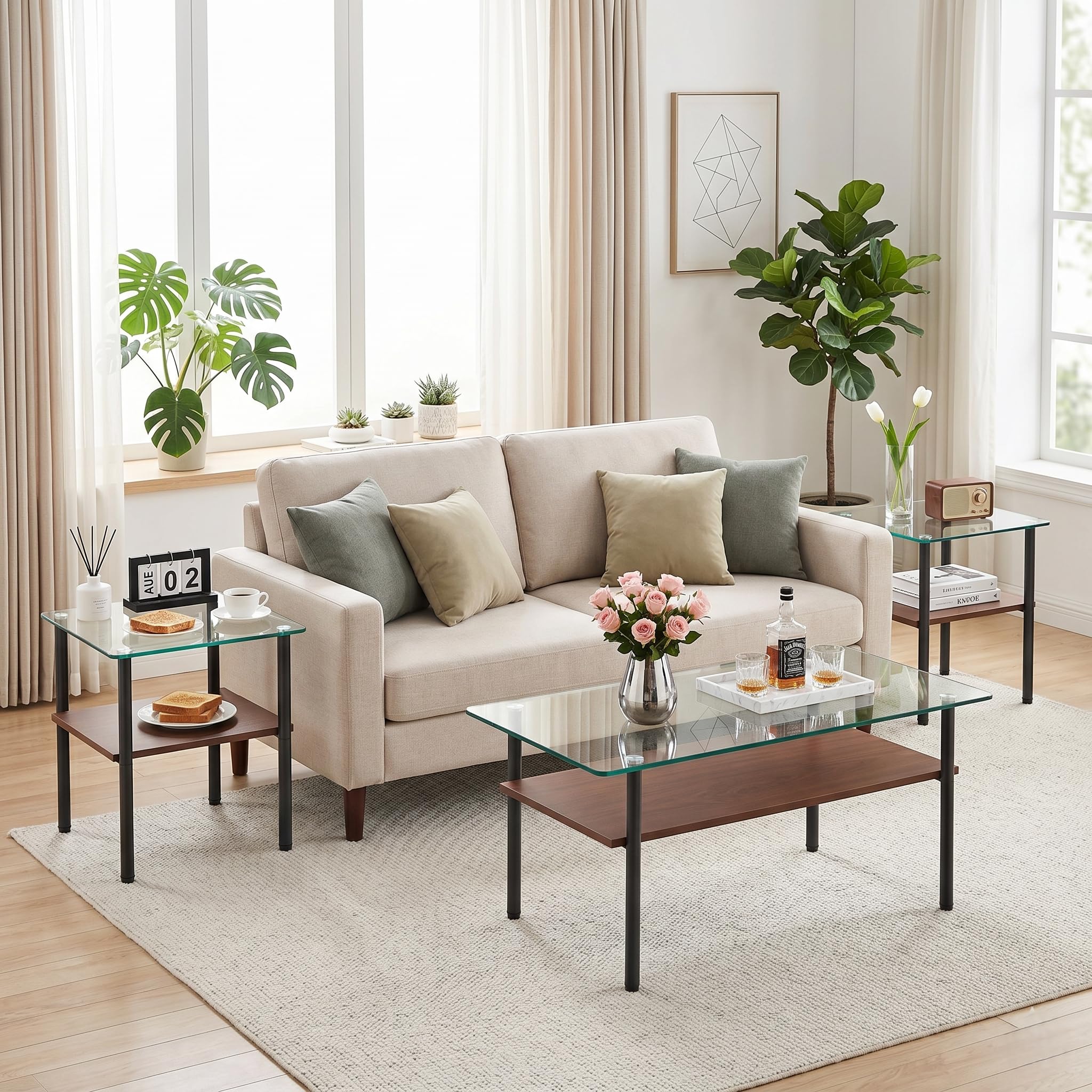 Glass Coffee Table Set of 3 Piece, Living Room Tables Set of 3 Pcs, Including 1 Coffee Table and 2 End Side Tables, Metal Frame, Tempered Glass, for Small Space, Apartment
