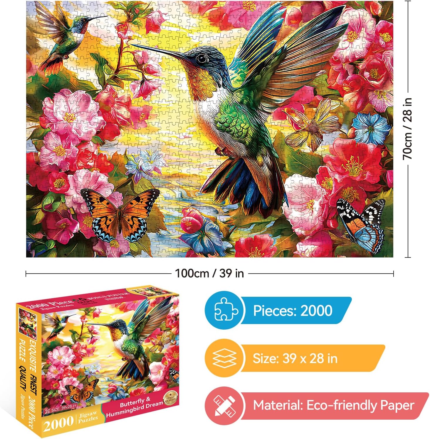 LUXDIVINA 2000 Piece Puzzle for Adults, Spring Puzzles for Adults 2000 Pieces, Hummingbird Flower Butterflies Jigsaw Puzzles, Challenging Puzzle Perfect for Game Nights, Finished Size is 39" X 28"